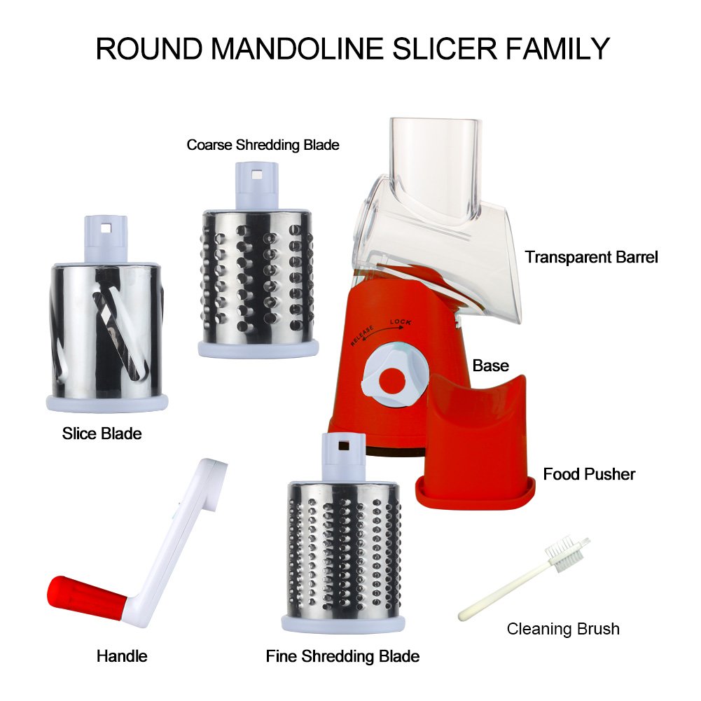 Premium Rotary Cheese Grater - Hand Crank Shredder for Cheese, Vegetables & Nuts | Non-Slip Suction Base | Includes 3 Blades & Free Cleaning Brush (Red) | Perfect for Kitchen, Pizza, Pasta & Salad Prep