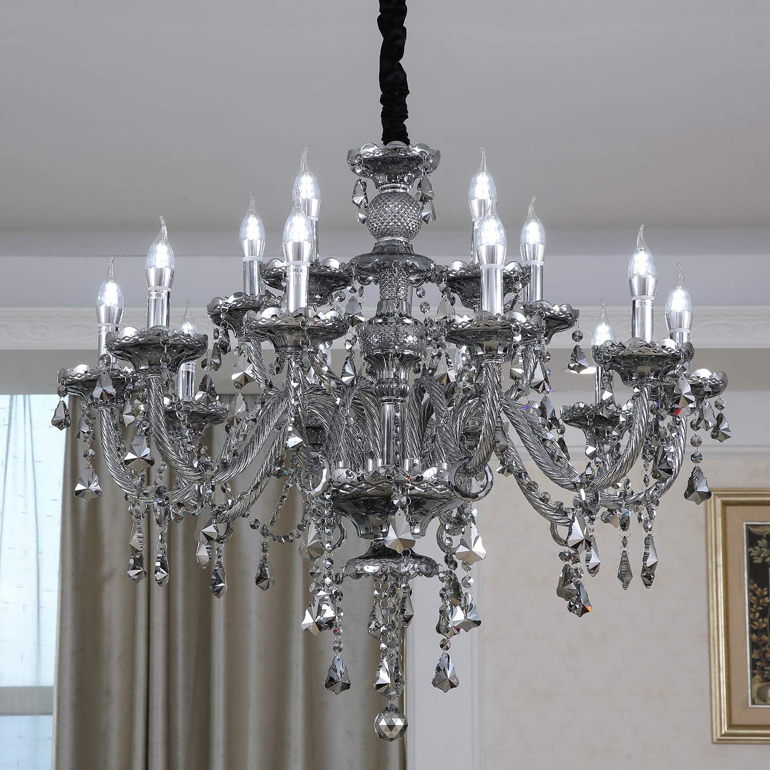 HOMWEERUN LED E12 Chandelier Ceiling Light Fixture - 3 Brightness Levels, Smoke Gray Crystal Candle Design, 15L/D32.2
