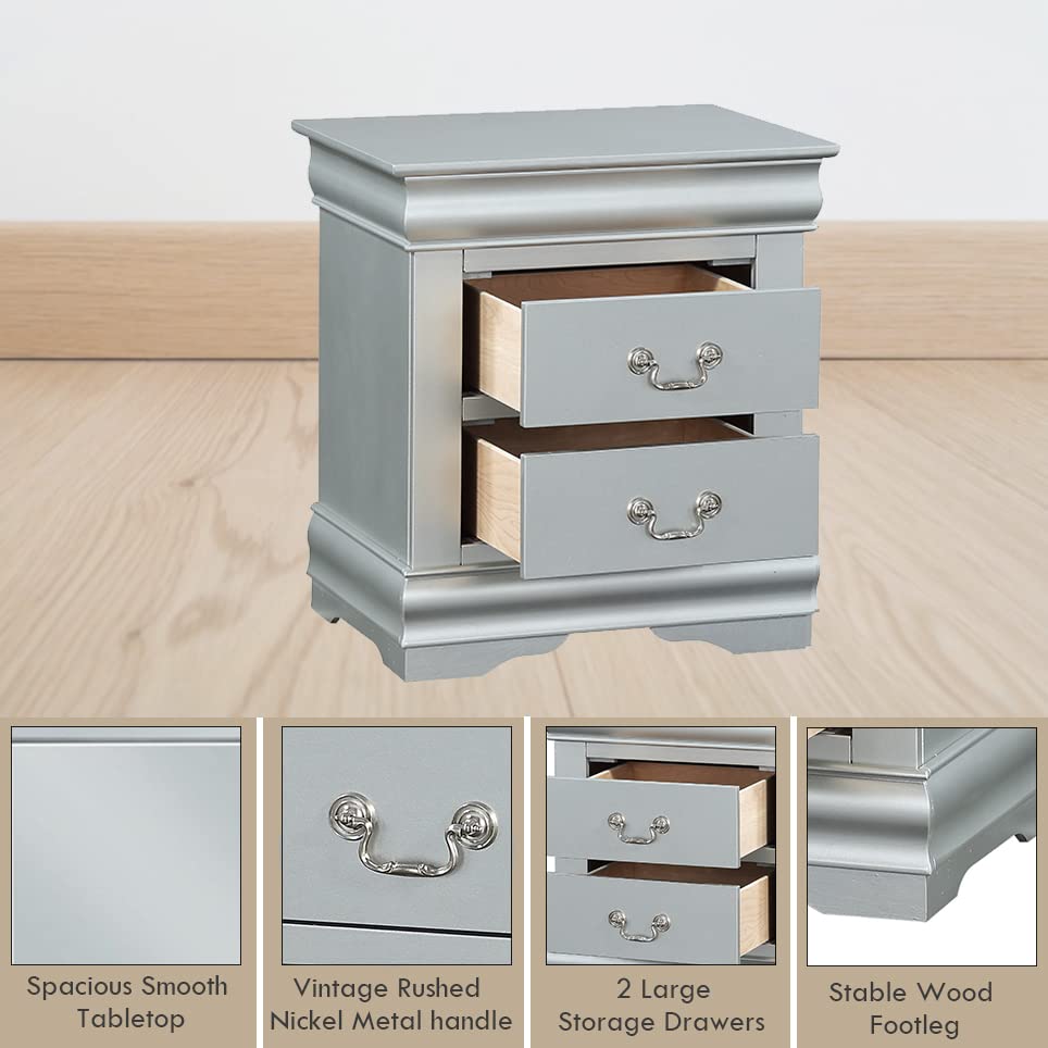 Henf Farmhouse 2-Drawer Nightstand - Solid Wood French Country Bedside Table with Storage, Fully Assembled Accent Cabinet for Bedroom, Living Room & Hallway | Perfect for Storing Books, Lamps & Bedroom Essentials (Silver)