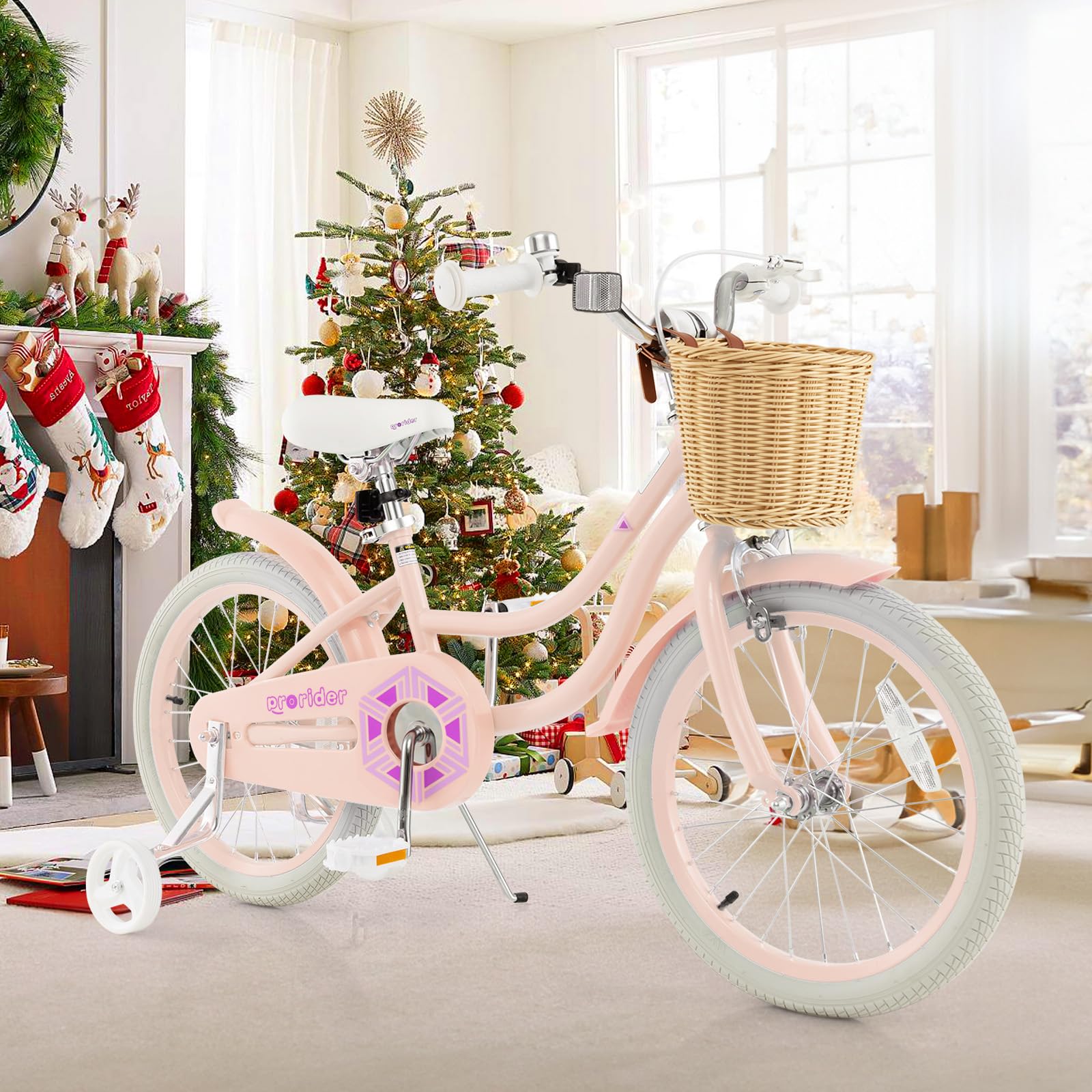 BABY JOY 14 16 18 Inch Kids Bike for Boys & Girls Ages 3-8 - Retro Children's Bicycle with Training Wheels, Adjustable Seat, Rattan Basket & Dual Brakes (Pink, Green, Blue) - Perfect for Neighborhood Rides, Park Adventures & Learning to Cycle