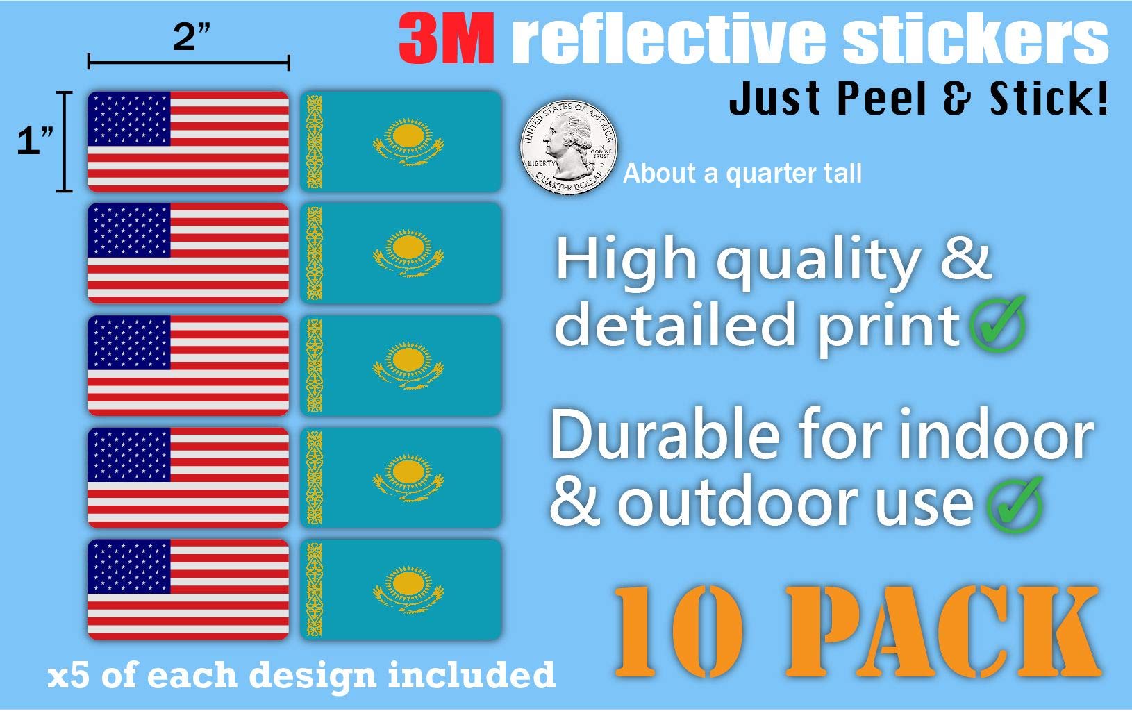 10-Pack 3M Reflective Kazakhstan & USA Flag Stickers - High Visibility Safety Decals for Hard Hats, Laptops, Bikes, Toolboxes - Perfect for Night Safety, Work Gear & Personalization