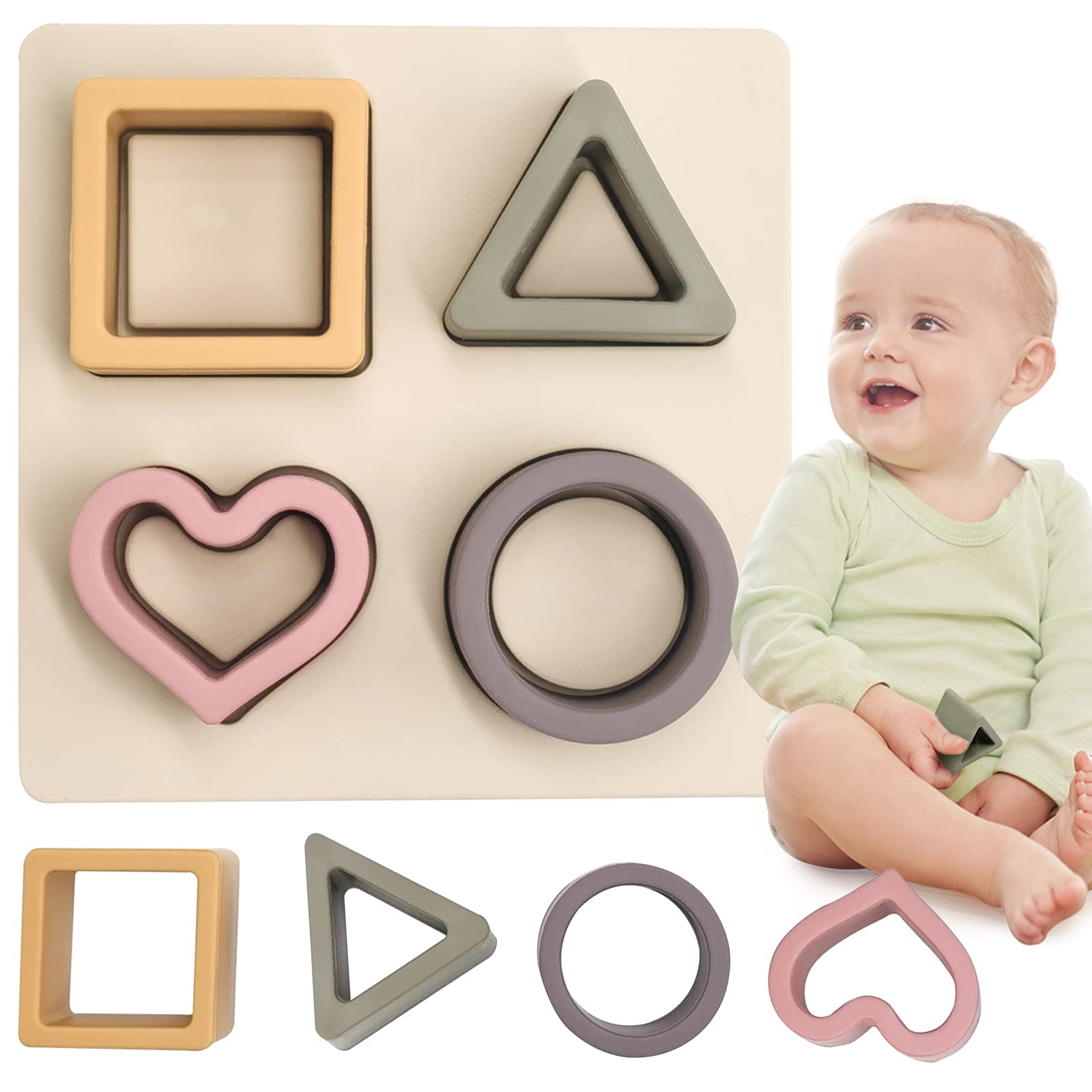 HETOMI Soft Baby Nesting & Stacking Toys - Silicone Teething Blocks for Toddlers 3+ Months | Shape Recognition & Learning Development | Sensory Play & Early Education (Beige) | Perfect for Daycare, Montessori & Home Playtime