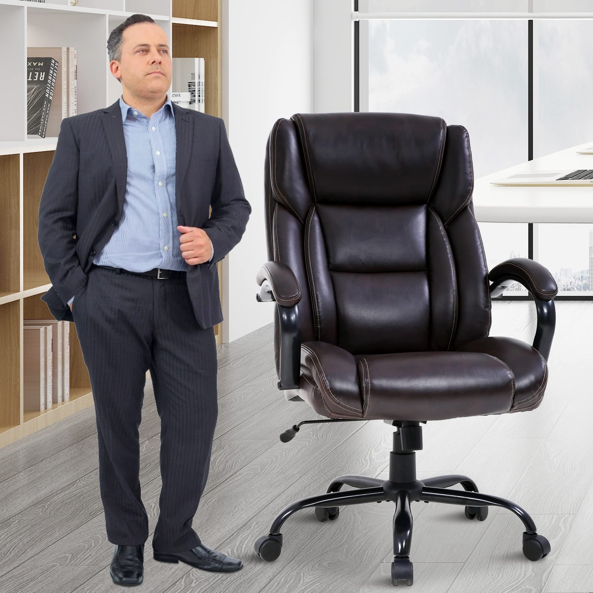 Ergonomic Office Desk Chair 500lbs Big and Tall High Back Computer Chair with Lumbar Support & Adjustable Arms - PU Leather Executive Task Chair for Home & Office Workspace (Brown) - Perfect for Long Hours Sitting, Gaming, and Professional Workspaces