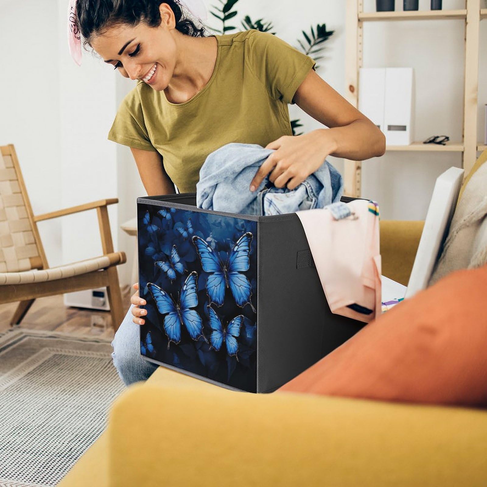 1PCS Foldable Storage Bins with Handles - Dark Blue Butterfly Printed Large Capacity Storage Box for Home, Office, Playroom Organization | Perfect for Toys, Books, Clothes & Household Items Storage