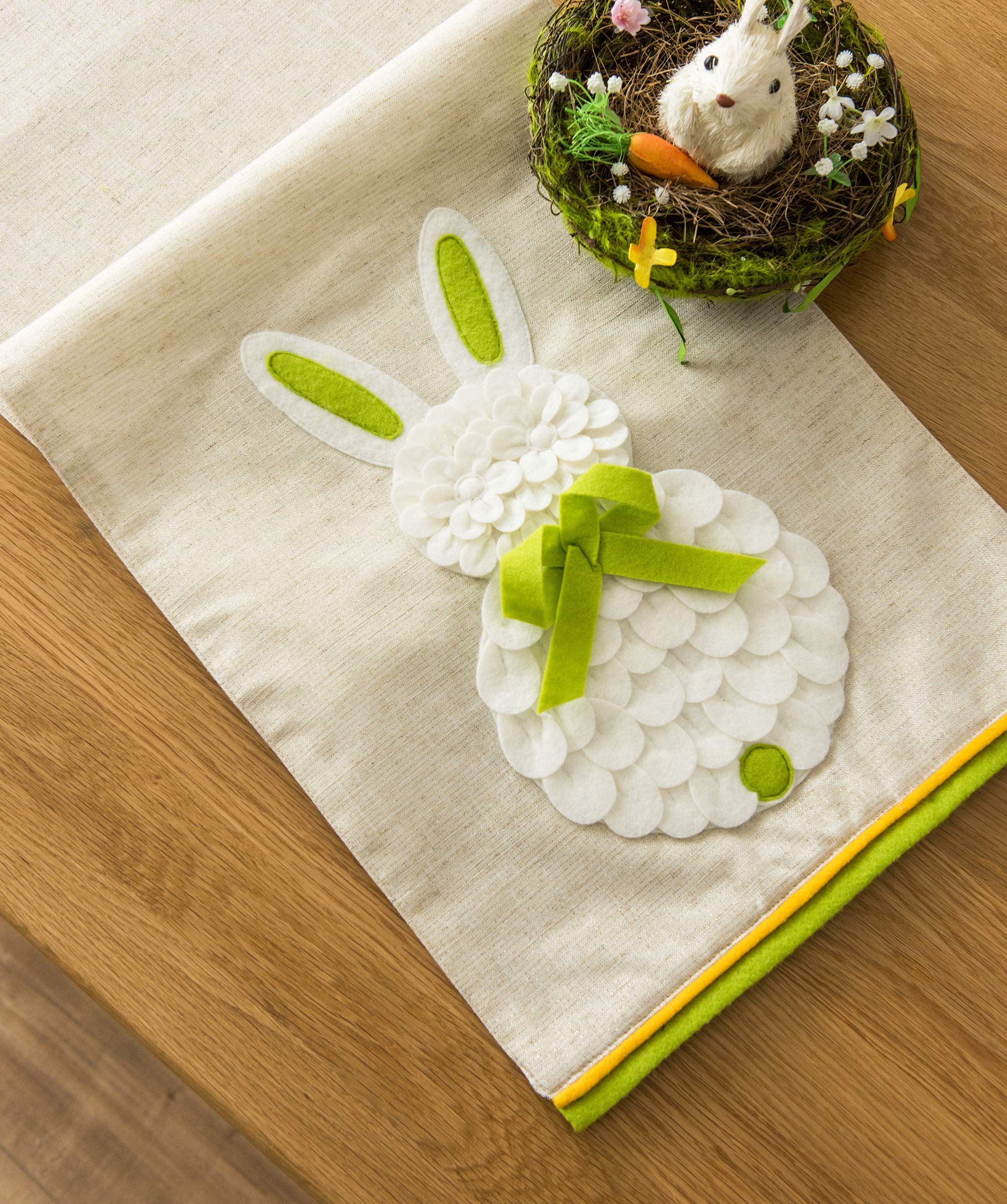 Cassiel Home Embroidered Easter Bunny 3D Linen Table Runner 72 Inch - Easter Decorations for Spring Table Setting, Holiday Dining, and Party Decor