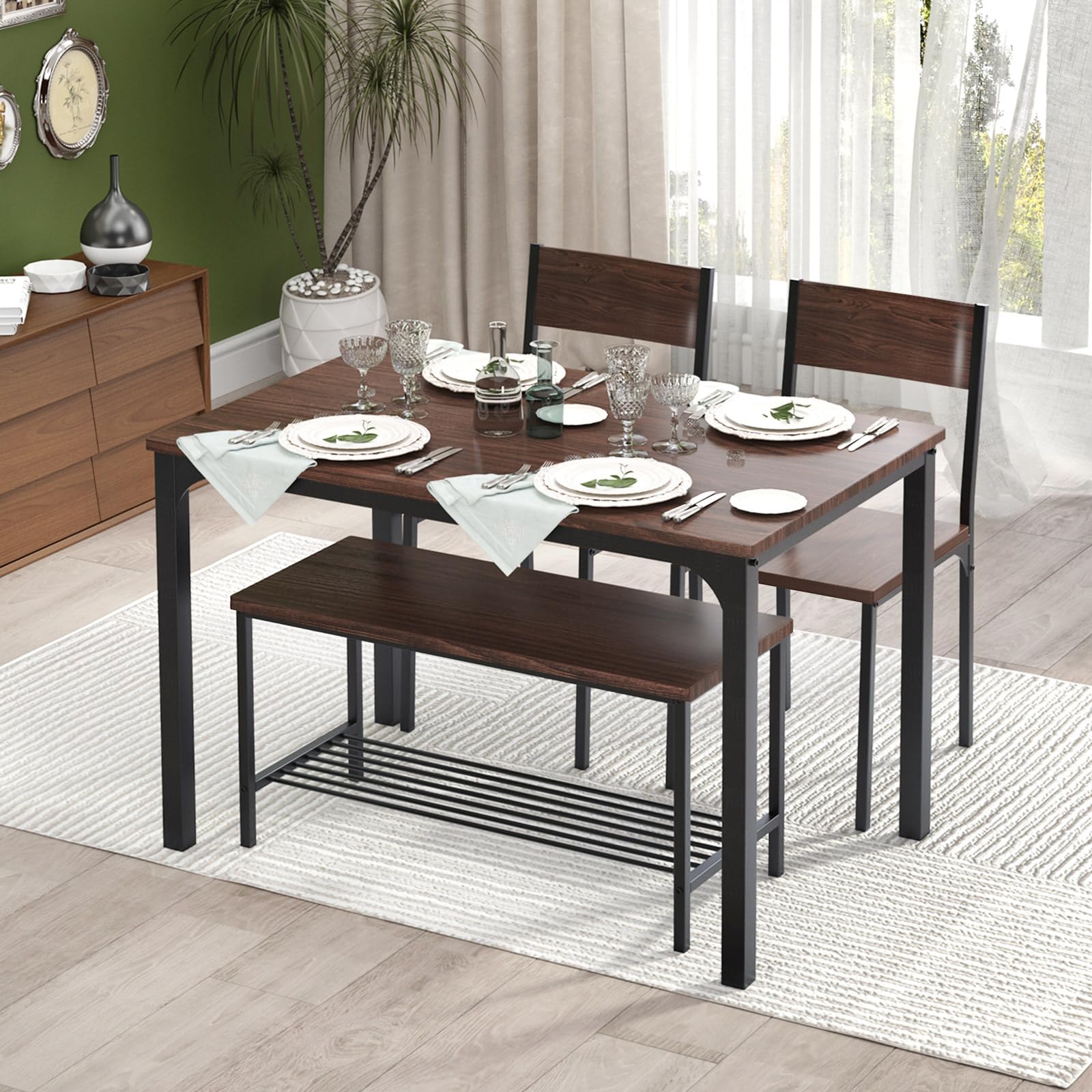 SogesHome 43.3 Inch Kitchen Dining Table Set for 4 with 2 Chairs and Bench - Space Saving Small Apartment Furniture Set for Kitchen, Restaurant, Coffee Shop - Dark Brown Wood Finish - Perfect for Breakfast Nook, Small Dining Room, and Compact Spaces