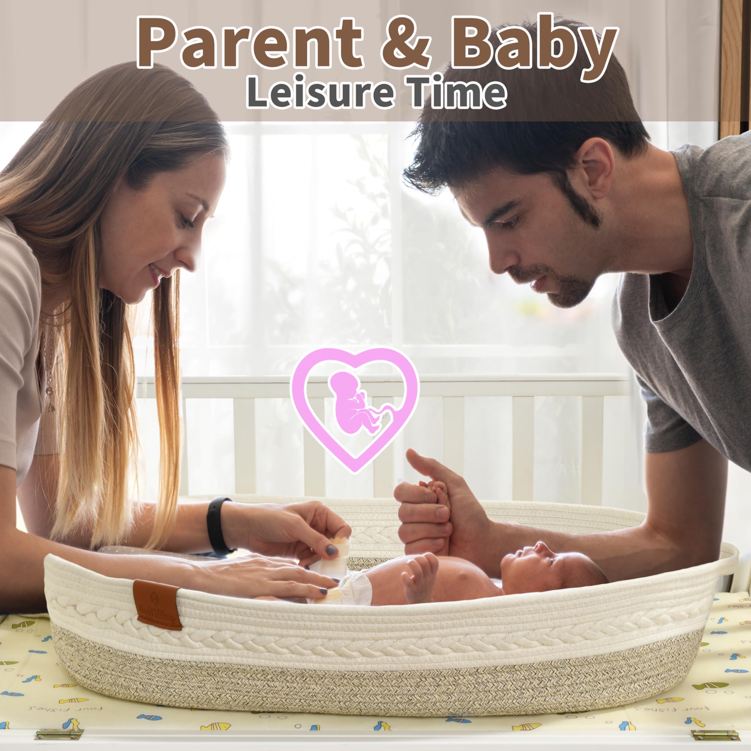 Organic Cotton Baby Changing Basket with Changing Pad – Portable Diaper Caddy for Nursery Dresser | Grey Moses Basket for Newborns | Perfect for Bedroom, Nursery & Travel Baby Care Essentials