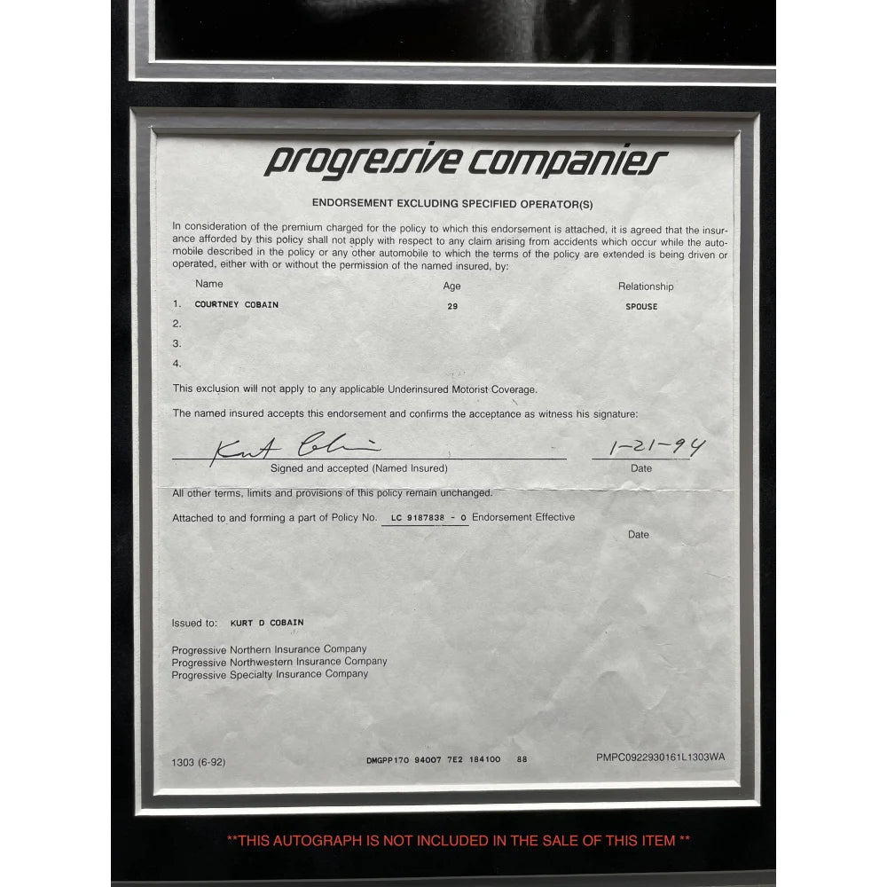 Kurt Cobain Personal Driver's Car Insurance ID Card Framed - Rare Nirvana Memorabilia - Perfect for Music Fans & Collectors