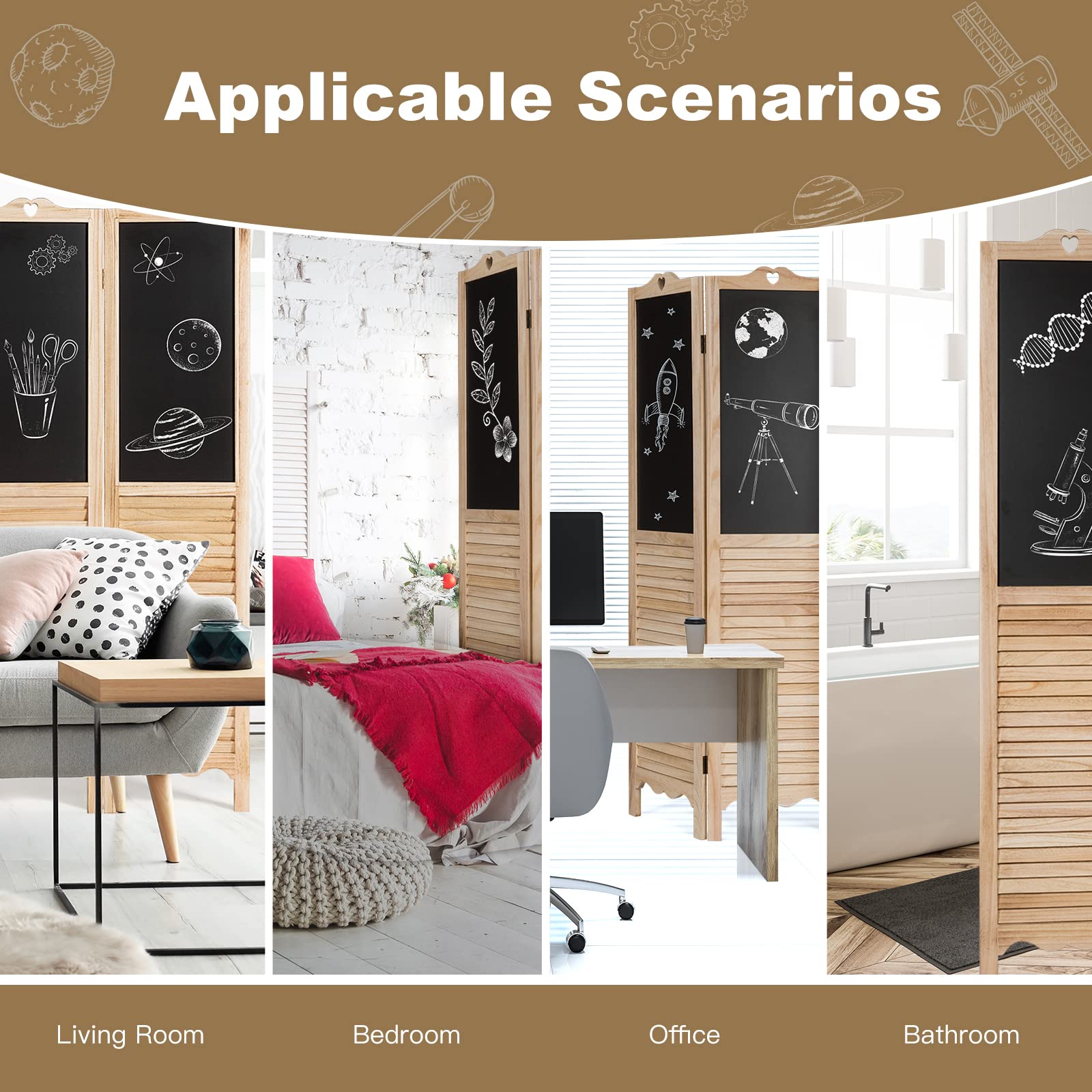 Happygrill 4 Panel Wooden Room Divider with Chalkboard - 5.7 Ft Tall Folding Privacy Screen for Bedroom, Office, Living Room & Restaurant - Perfect for Space Partition, Home Decor & Creative Note-Taking