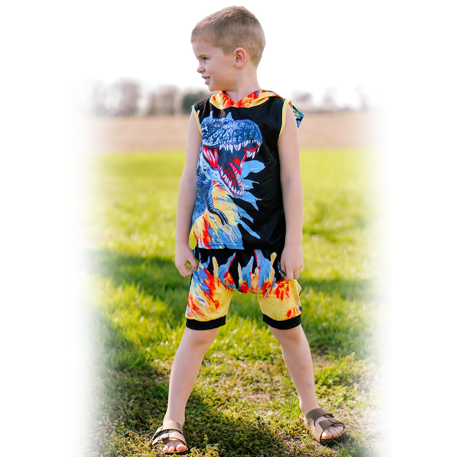 **HINTINA Toddler Boys Dinosaur Sleeveless Hoodie & Shorts Outfit Set - Summer Playwear for Boys, Outdoor Adventures & Casual Wear**