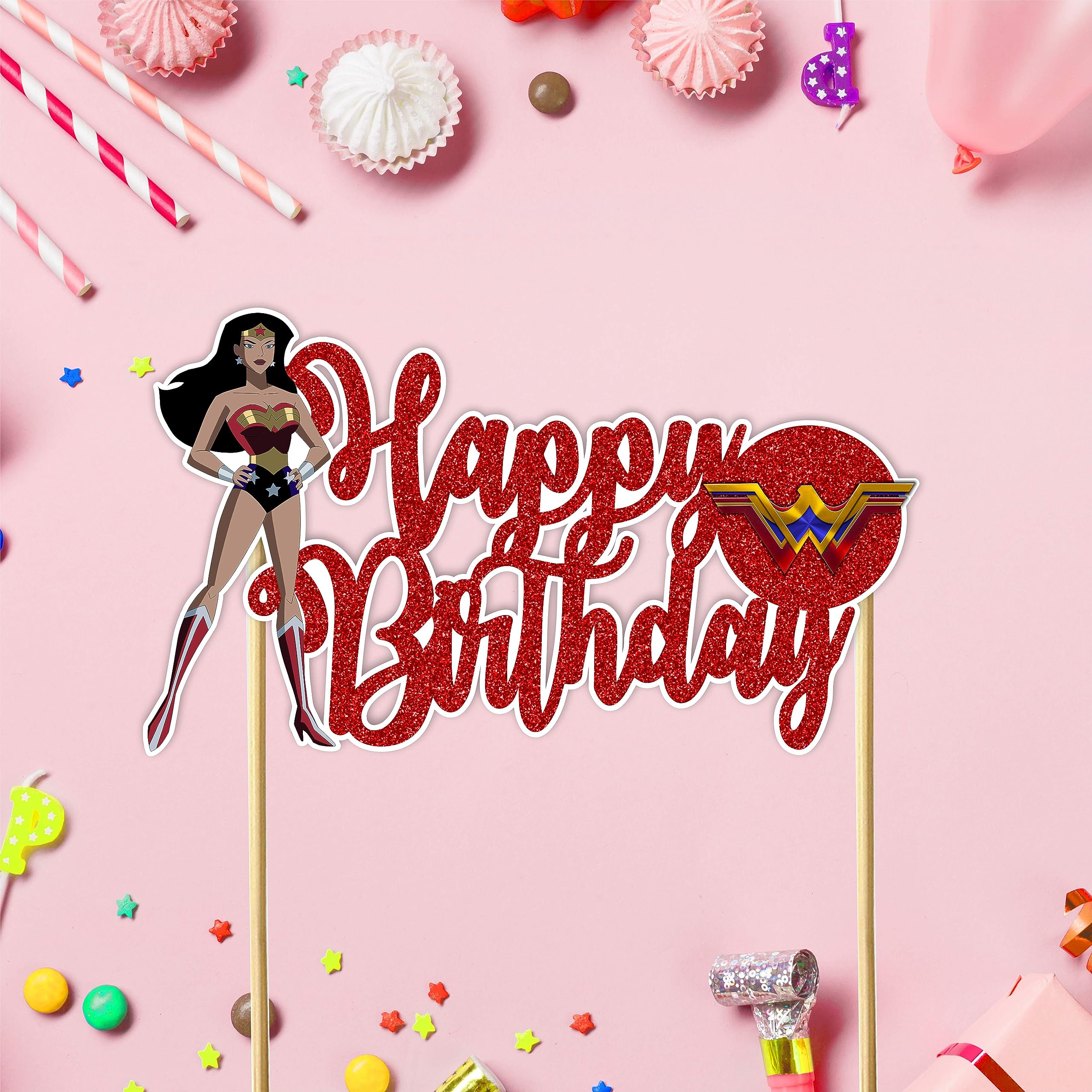 Wonder Woman Happy Birthday Cake Topper - Superhero Birthday Party Decorations for Women & Girls - Perfect for Birthday Cakes, Cupcakes, and Dessert Tables