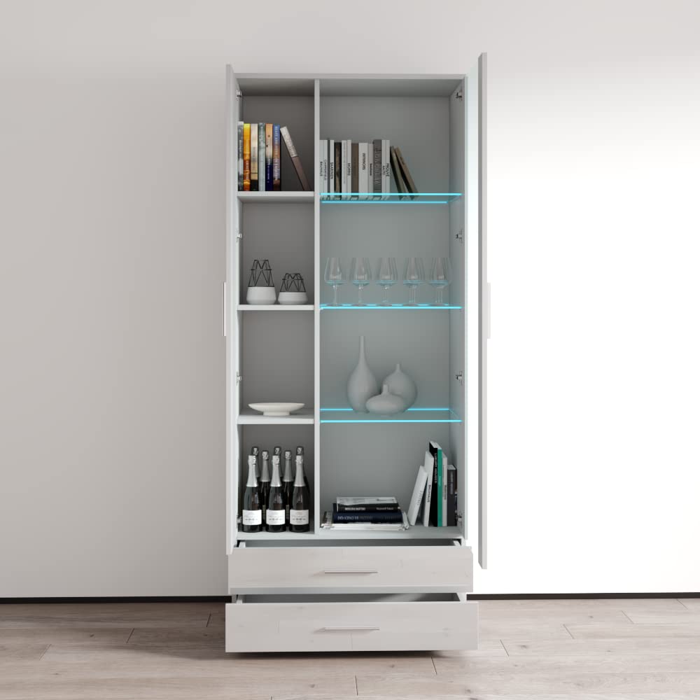 Modern Soho S6 2D2S Freestanding Bookcase - Customizable LED Light Wooden Bookshelf with Mirror Cabinet - White - Perfect for Living Room, Office & Bedroom Storage