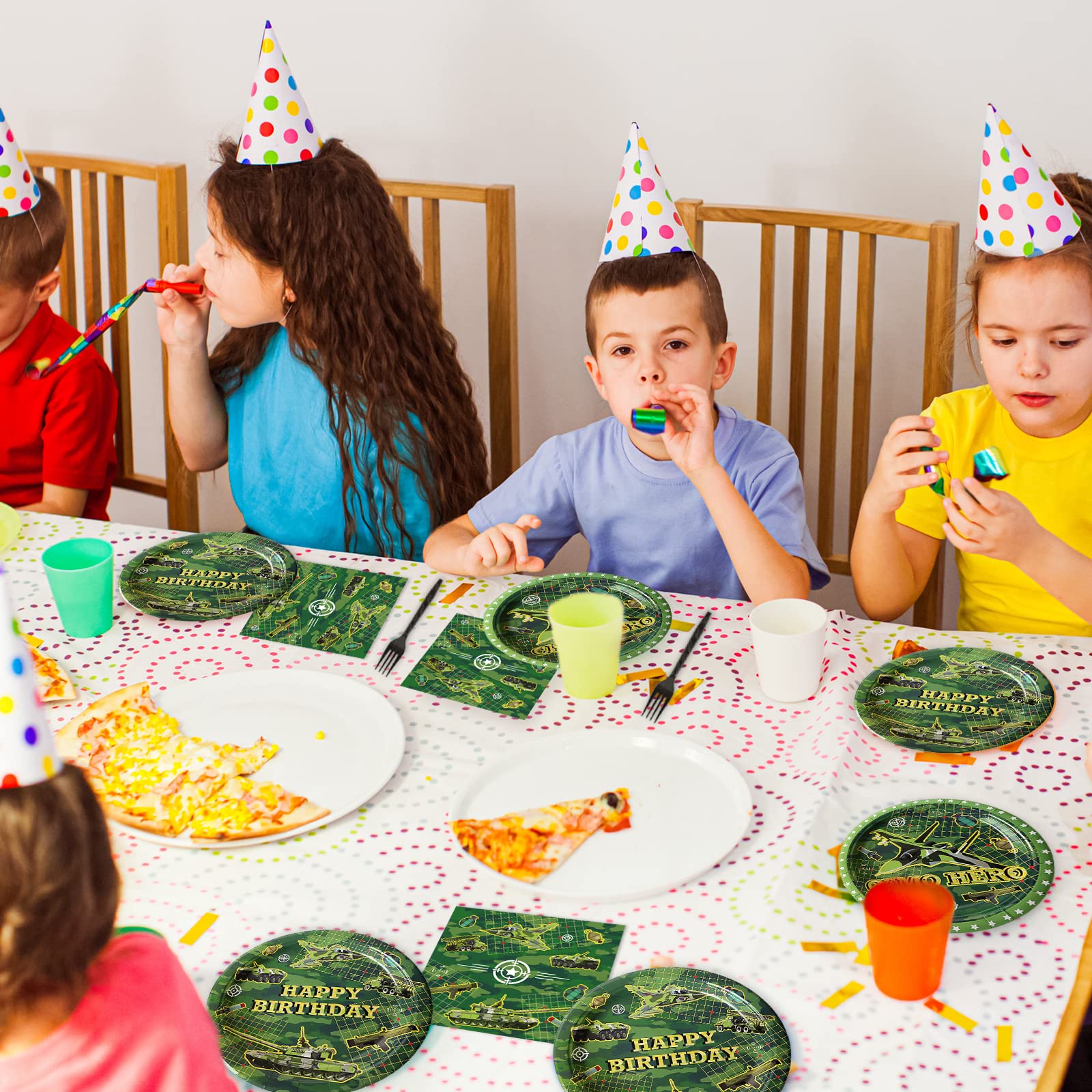 96 Pcs Camo Birthday Party Plates & Napkins Set - Military Themed Tableware for 24 Guests - Army Soldier Camouflage Party Decorations - Perfect for Birthday, Baby Shower & Outdoor Camping Events
