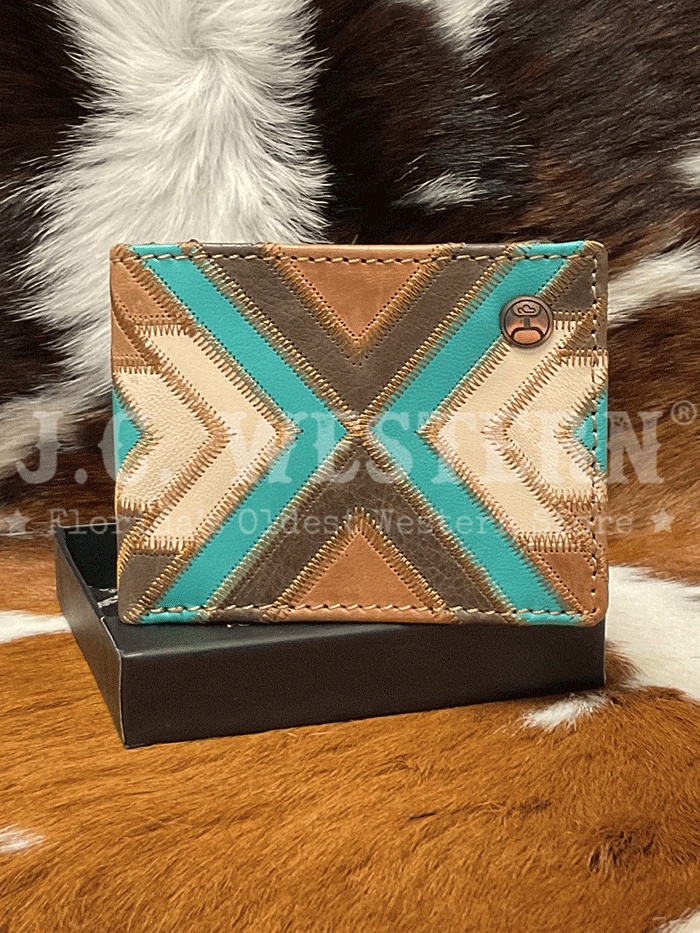 Hooey HFBF007 BRTQ Men's Bi-Fold Wallet with Patchwork Front in Turquoise - Perfect for Everyday Use & Travel Accessories