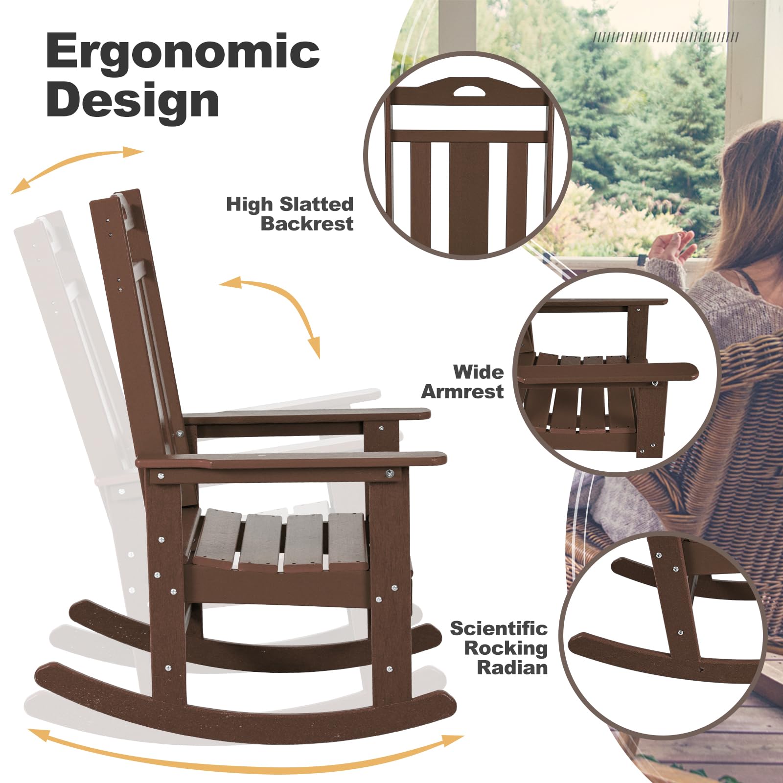nalone Oversized All-Weather Resistant Outdoor Rocking Chair - Comfortable Porch Rocker for Adults, Durable Patio Furniture for Garden, Lawn & Backyard Relaxation (Brown)