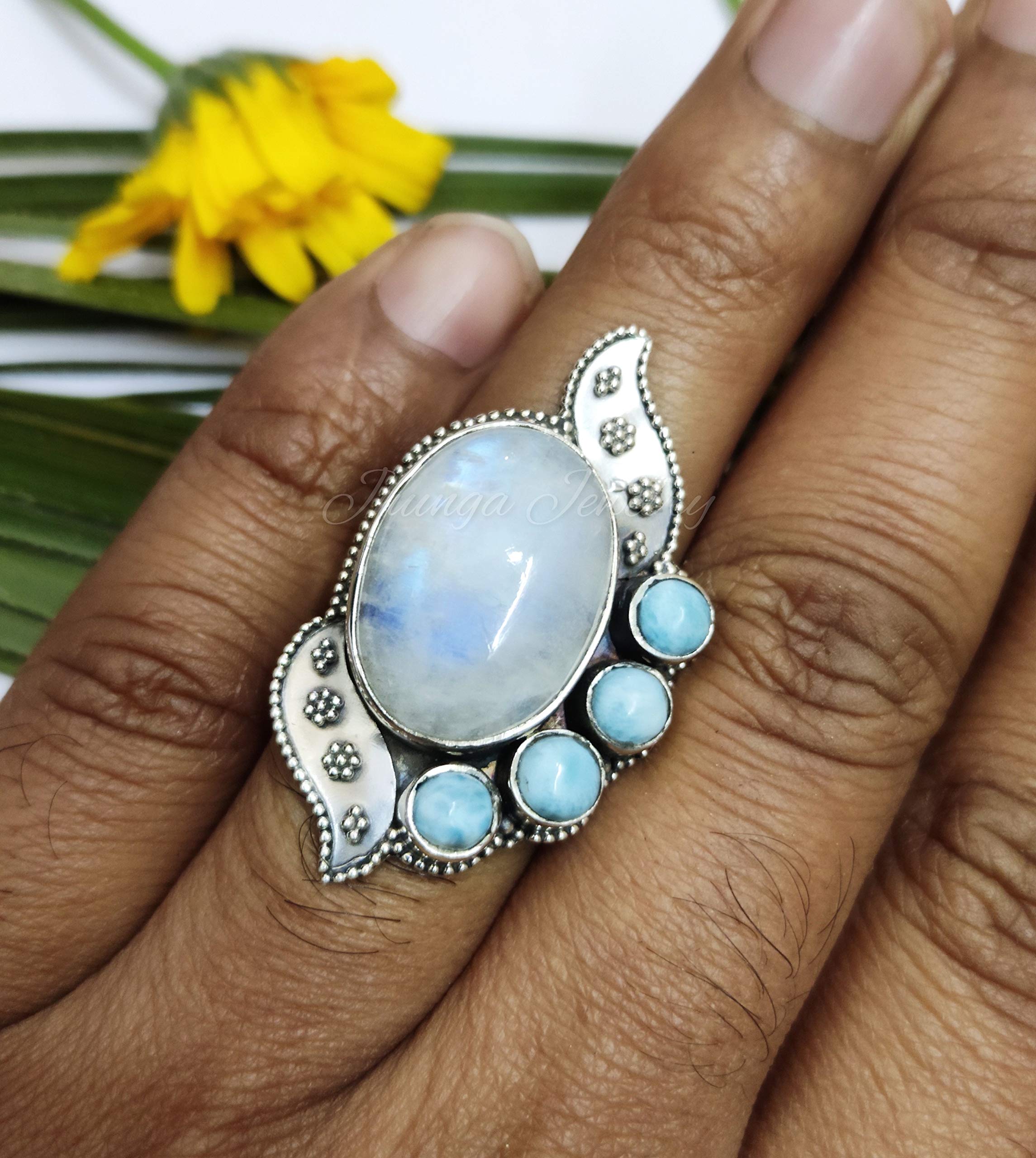 Natural Moonstone & Larimar Sterling Silver Ring - Antique Vintage Unique Jewelry - Five Stone Bohemian Statement Ring - Handmade Dominican Republic Larimar Jewelry - Perfect for Boho Chic Outfits, Beach Weddings & Spiritual Healing