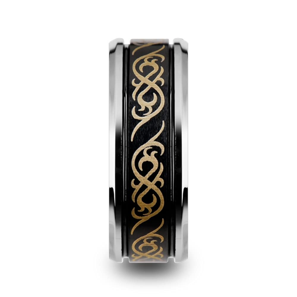 Raizen 9mm Tungsten Carbide Men's Wedding Band Ring with Dual Offset Grooves, Celtic Engraved Pattern & Beveled Edges – Durable & Scratch-Resistant for Everyday Wear, Anniversary Gifts & Special Occasions