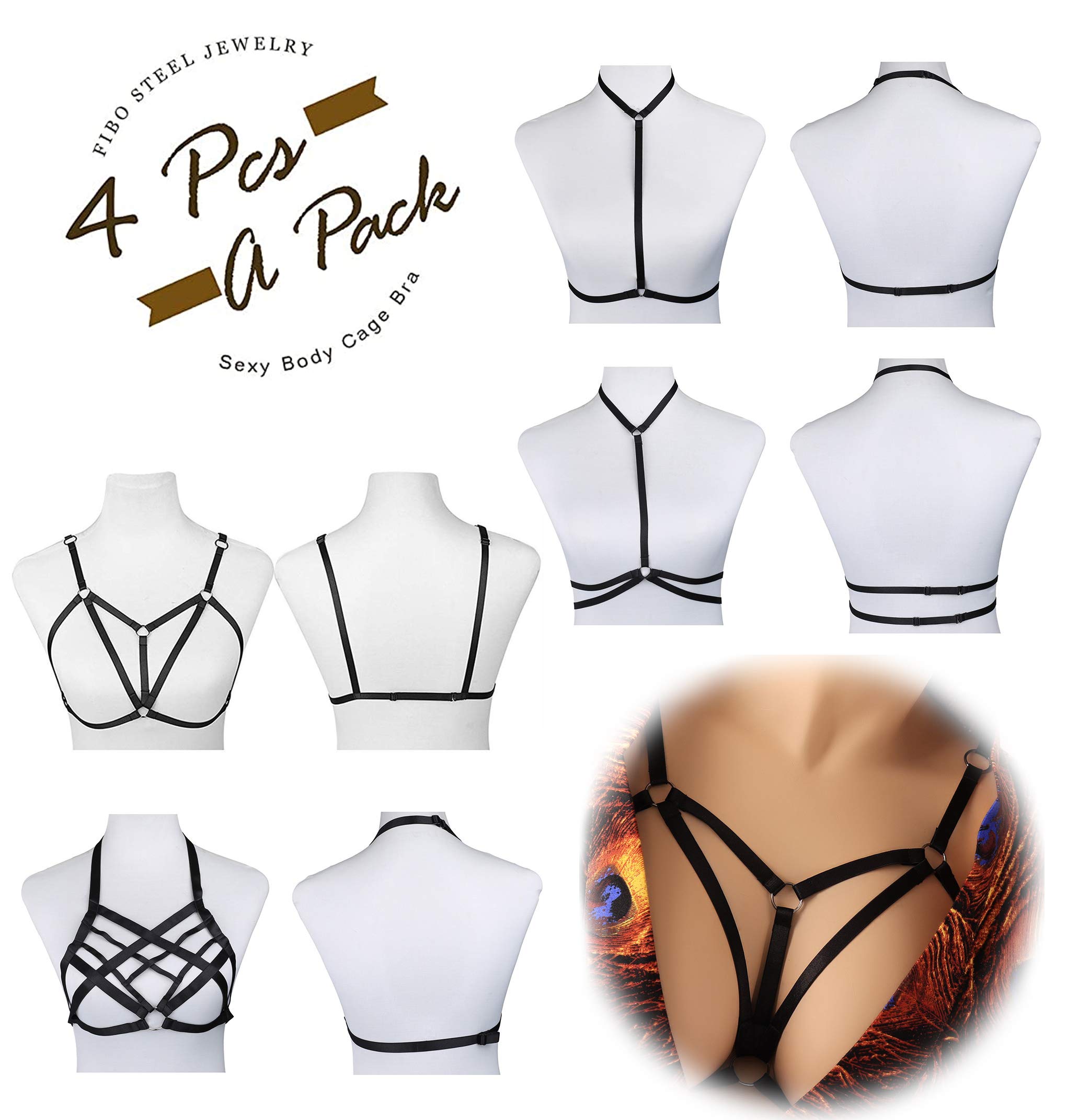 FIBO STEEL 4-Piece Women's Strappy Cage Bra Set - Sexy Lingerie Harness for Women | Perfect for Valentine's Day, Boudoir Photography & Bachelorette Parties