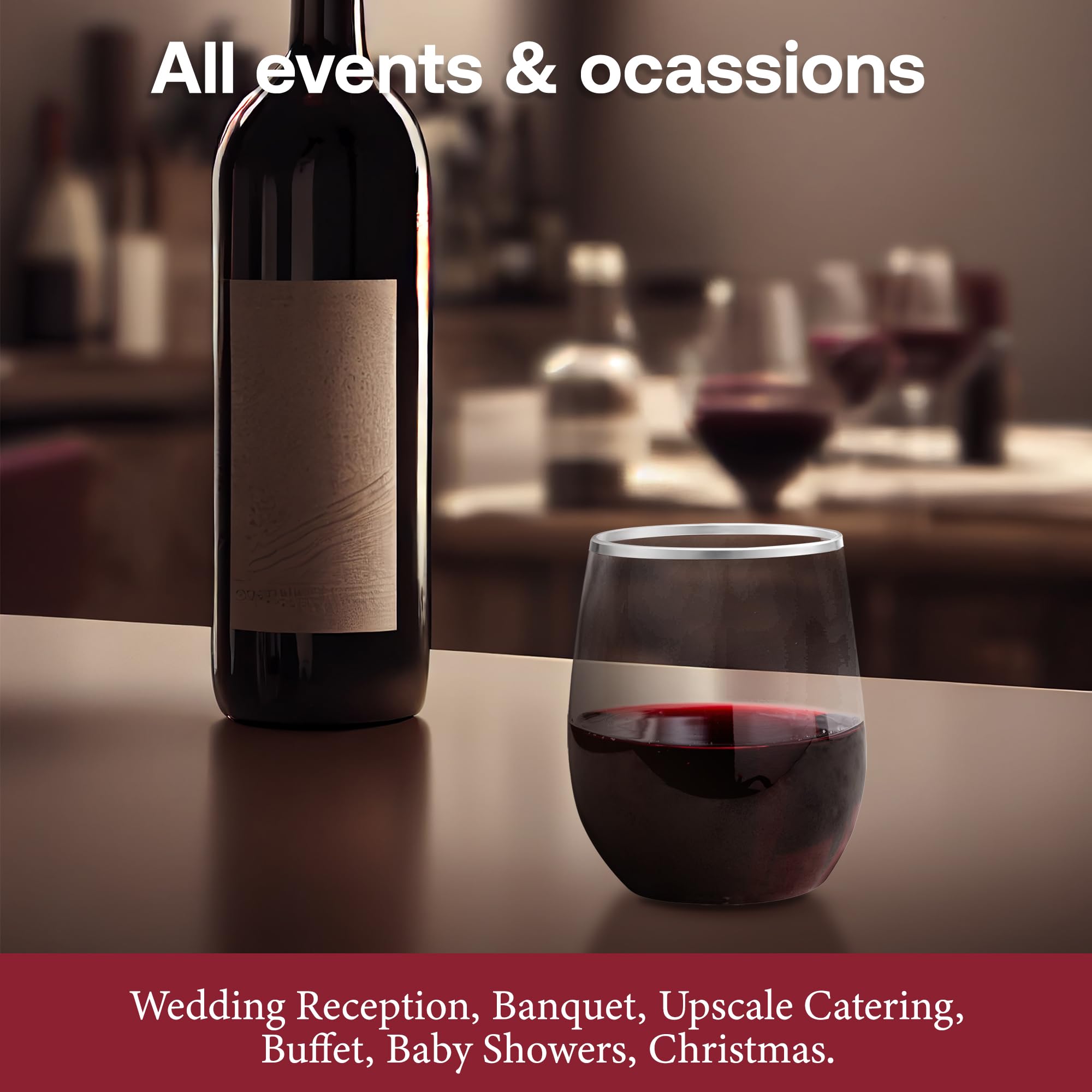 64 Pack Clear Stemless Plastic Wine Glasses 12oz with Silver Rim - Unbreakable Disposable Drinkware for Weddings, Parties, Events - Perfect for Outdoor Gatherings, Picnics & BBQs