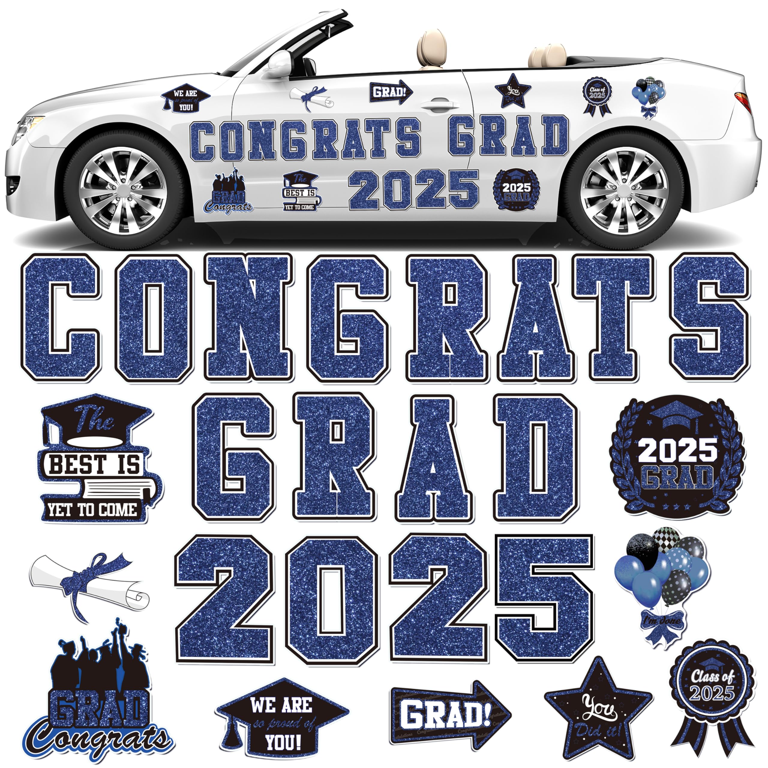2025 Graduation Car Magnets 25Pcs - Class of 2025 Magnetic Decals for Cars, Refrigerators & Garage Doors - Blue Graduation Party Decorations - Perfect for Graduation Parades, Parties & Celebrations