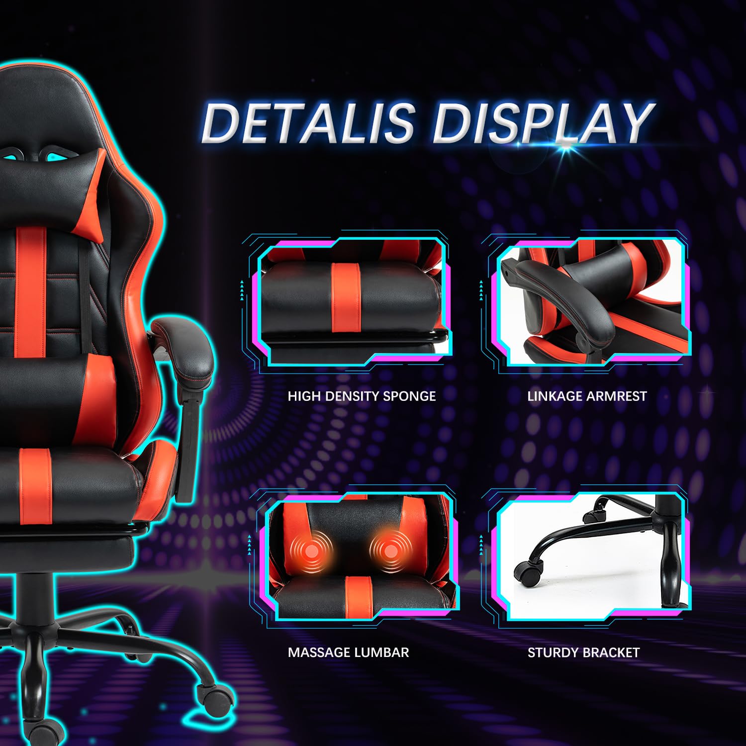 ECOTOUGE Ergonomic Massage Gaming Chair with Footrest - Adjustable High Back Office Desk Chair with Headrest & Lumbar Support, 360° Swivel - Perfect for PC Gaming, Home Office & Relaxation (Red)