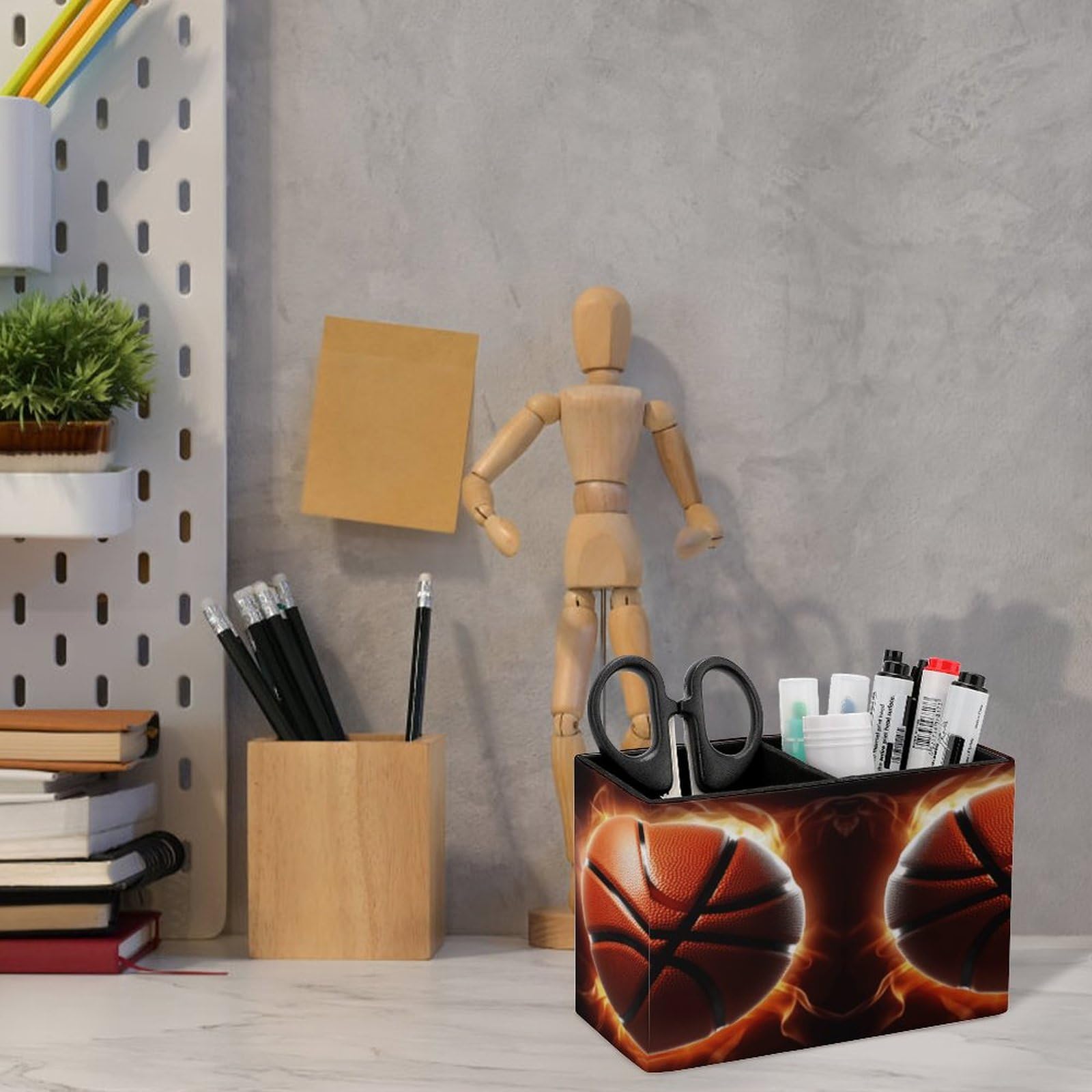 YJWANDO Leather Pen Holder with Basketball On Fire Print - Premium Office Desk Organizer & Pen Cup for Pencils, Pens & Markers - Perfect Desk Accessory for Home, Office or School Organization