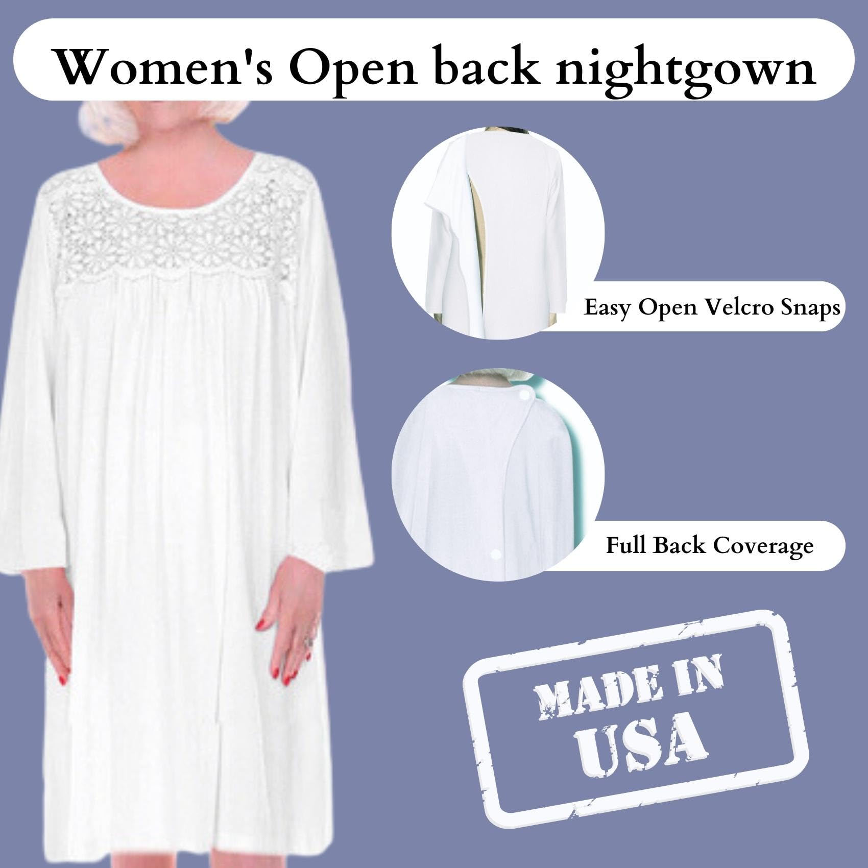 3-Pack Open Back Nightgown for Women - Cotton Long Sleeve Lace Nightgowns for Bedridden Patients - Comfortable Pink Nightwear (Size L-XL) | Perfect for Elderly Care, Hospital Recovery & Home Nursing