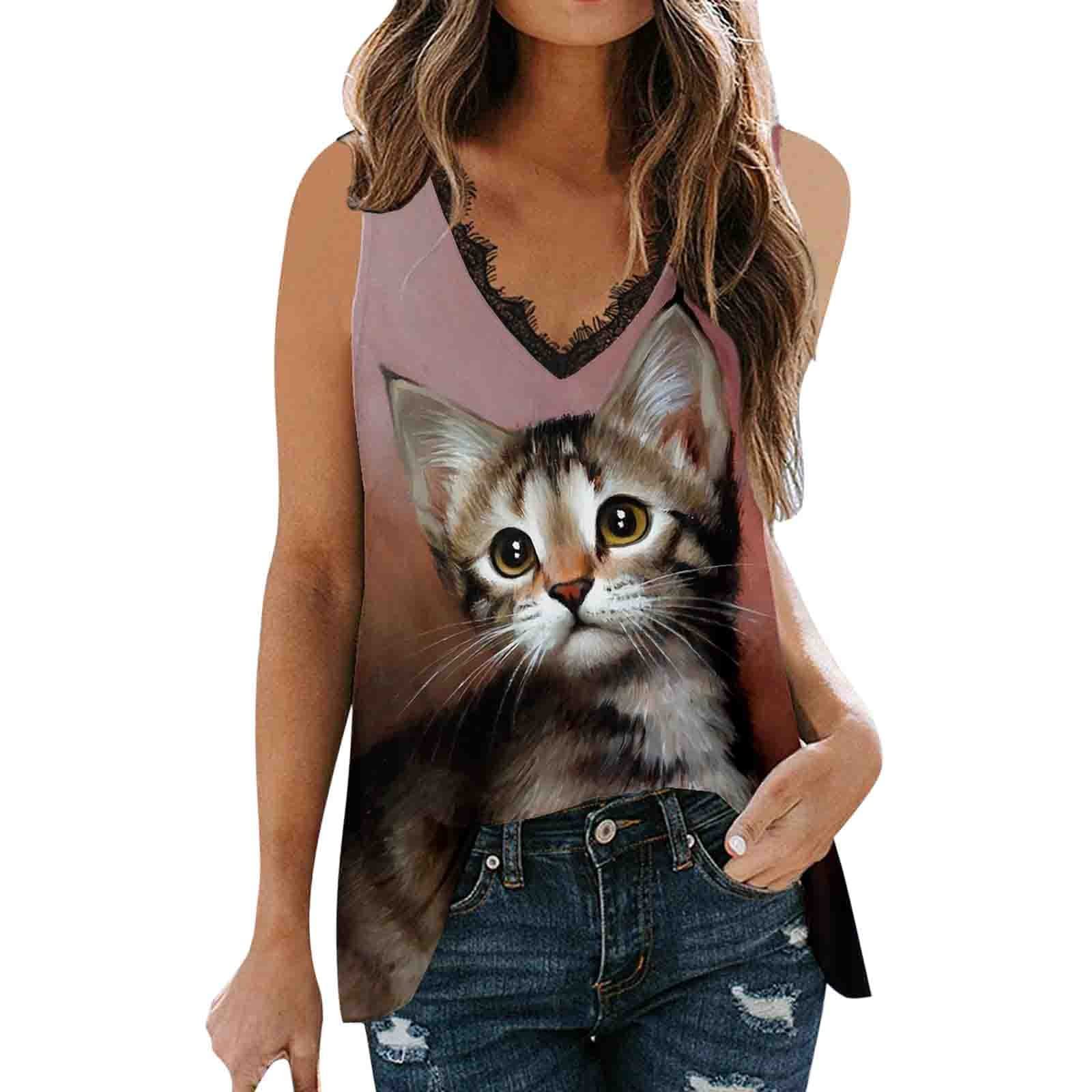 Blekii Women's Lace Trim V-Neck Sleeveless Tank Top - Summer Casual Cat Print Fashion Tee - Perfect for Beach Outings, Date Nights & Casual Wear