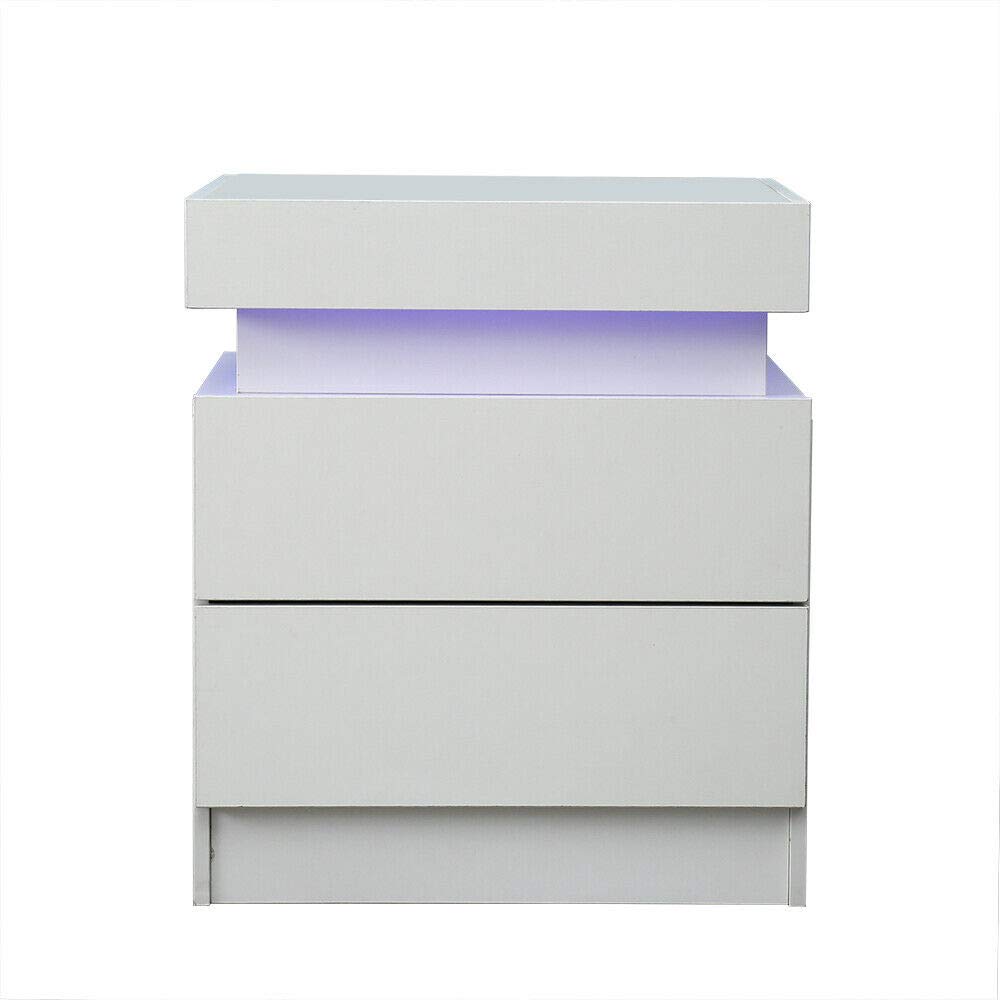 Modern LED Nightstand with 2 Drawers - High Gloss White Bedside Table with Storage, 19.68 x 17.7 x 13 Inches - Perfect for Bedroom, Living Room or Office as End Table/Nightstand (White-CTG-010)