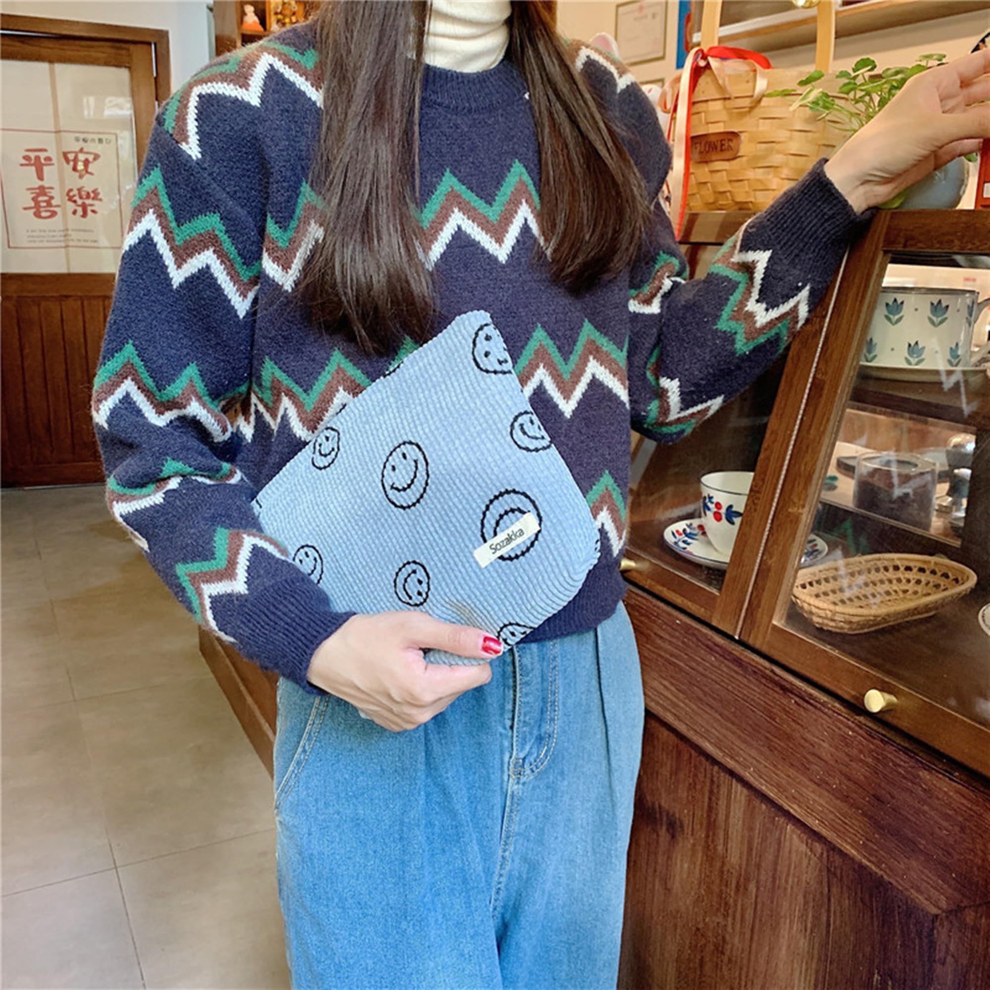 Corduroy Cosmetic Bag for Women - Aesthetic Smile Dots Makeup Organizer & Storage Pouch | Travel, Gym & Daily Use | Blue Makeup Bag for Girls & Teens