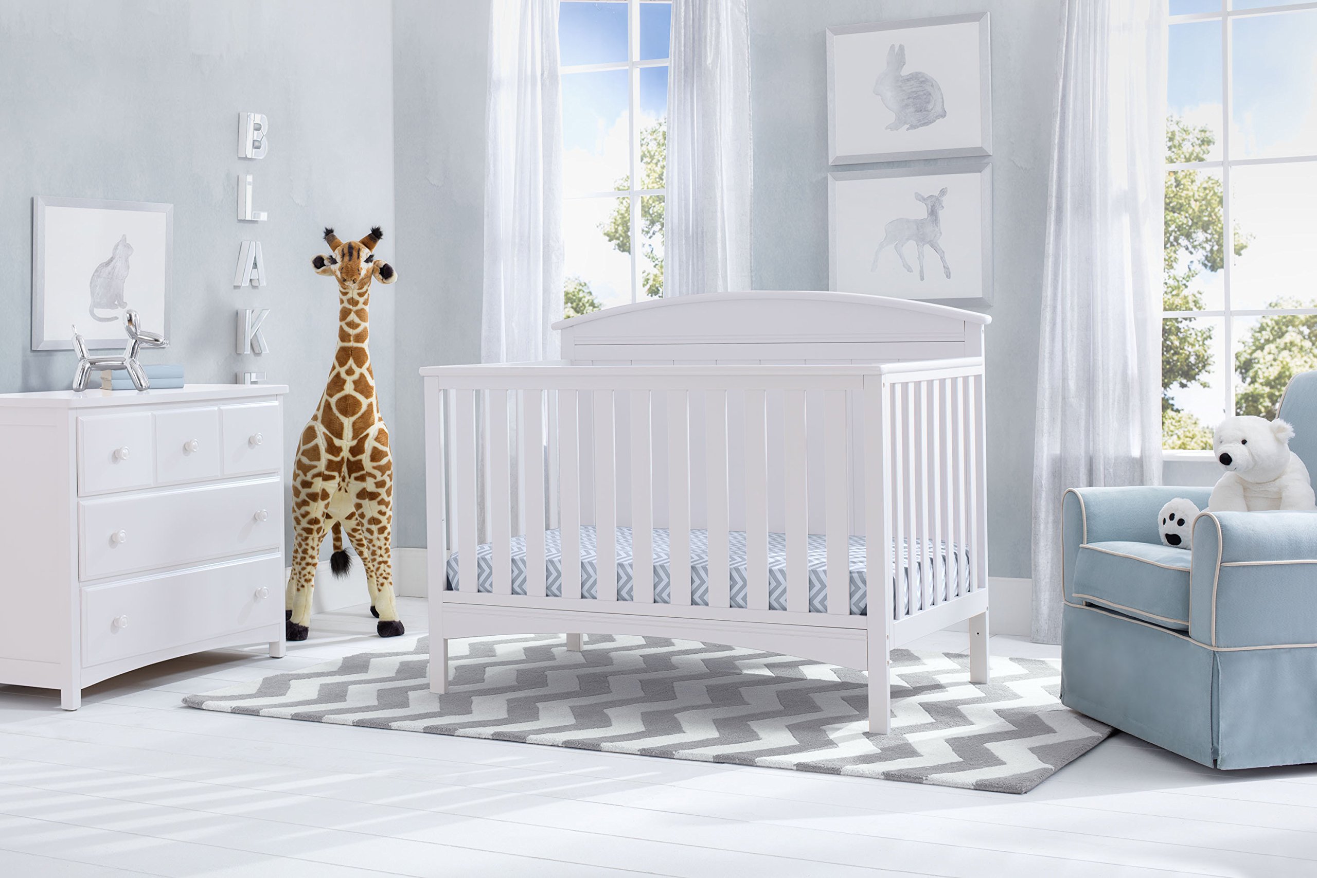 Delta Children Archer 4-in-1 Convertible Crib with Serta Perfect Slumber Dual-Sided Mattress - Bianca White | Nursery Bedroom Furniture for Baby & Toddler | Eco-Friendly Recycled Fiber Core Mattress | Crib to Toddler Bed Conversion