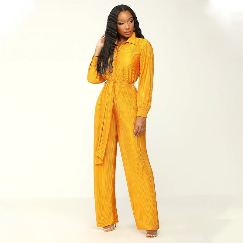 Women's Long Sleeve Wide Leg Romper with Adjustable Belt - Stylish Jumpsuit for Casual Outings, Date Nights & Fall Fashion