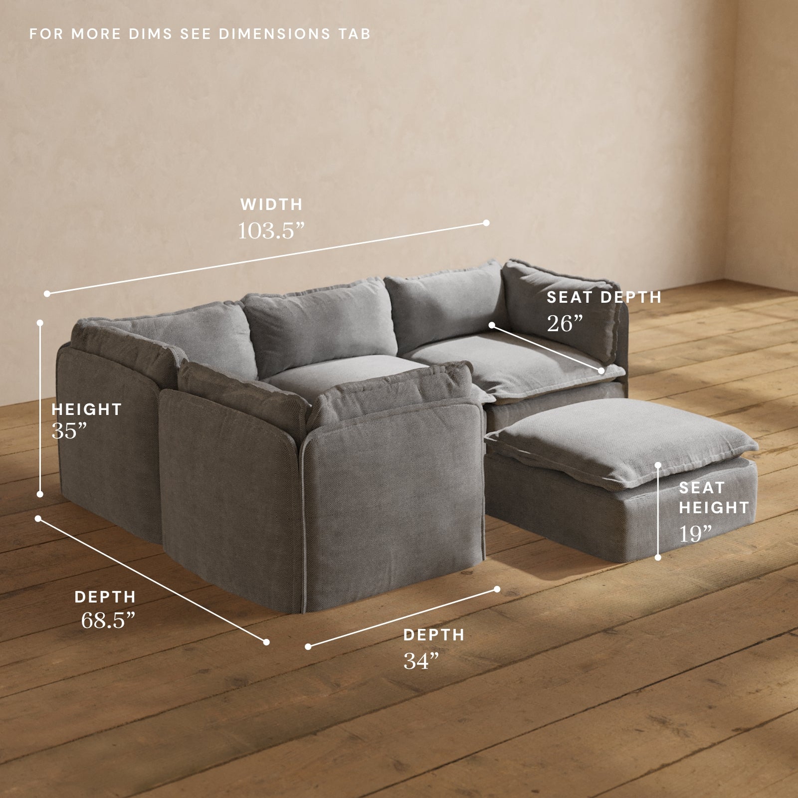 Modular Performance 4-Seater Corner Sectional Sofa with Ottoman in Ash Gray | Premium Blend Fabric | Perfect for Living Room, Family Room & Home Theater