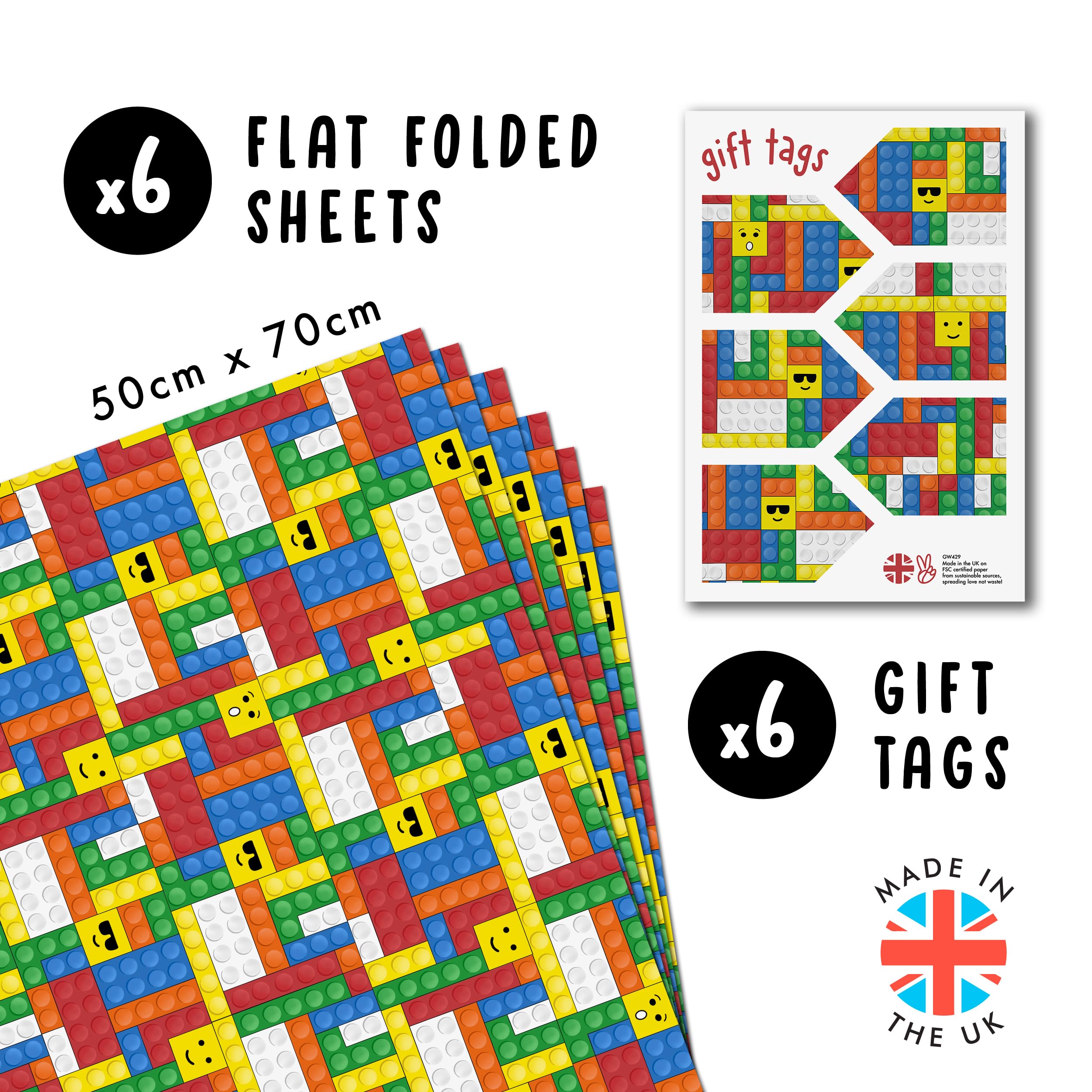Colorful LEGO Building Blocks Wrapping Paper - 6 Sheets Gift Wrap for Kids, Birthday & Christmas Presents - Includes Fun Stickers - Perfect for Party Favors, Holiday Gifts & DIY Crafts