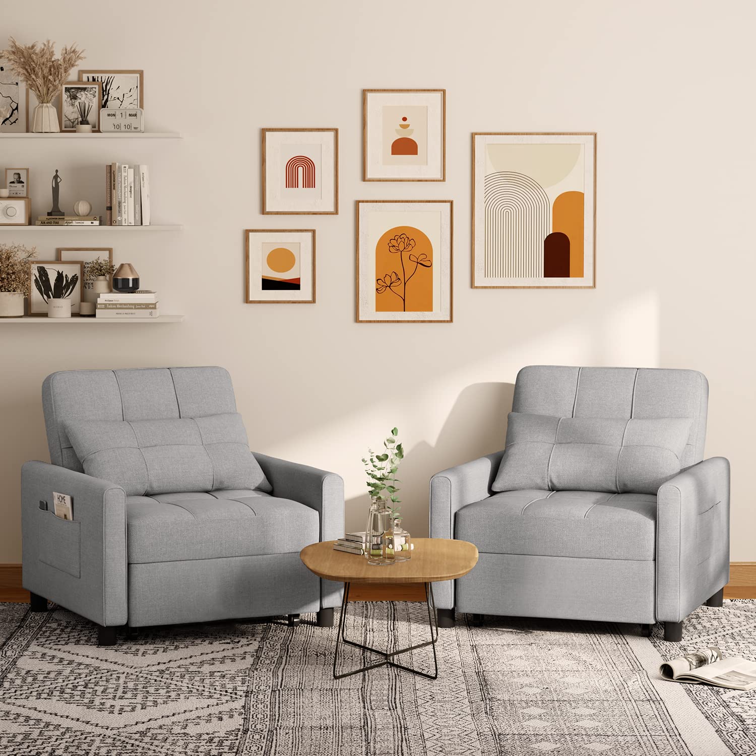 Aiho 3-in-1 Convertible Sleeper Chair - Adjustable Sofa Bed with Pillow & Storage Pocket - Space Saving Pull Out Guest Bed for Small Apartments, Dorm Rooms & Home Offices - Light Gray Modern Design