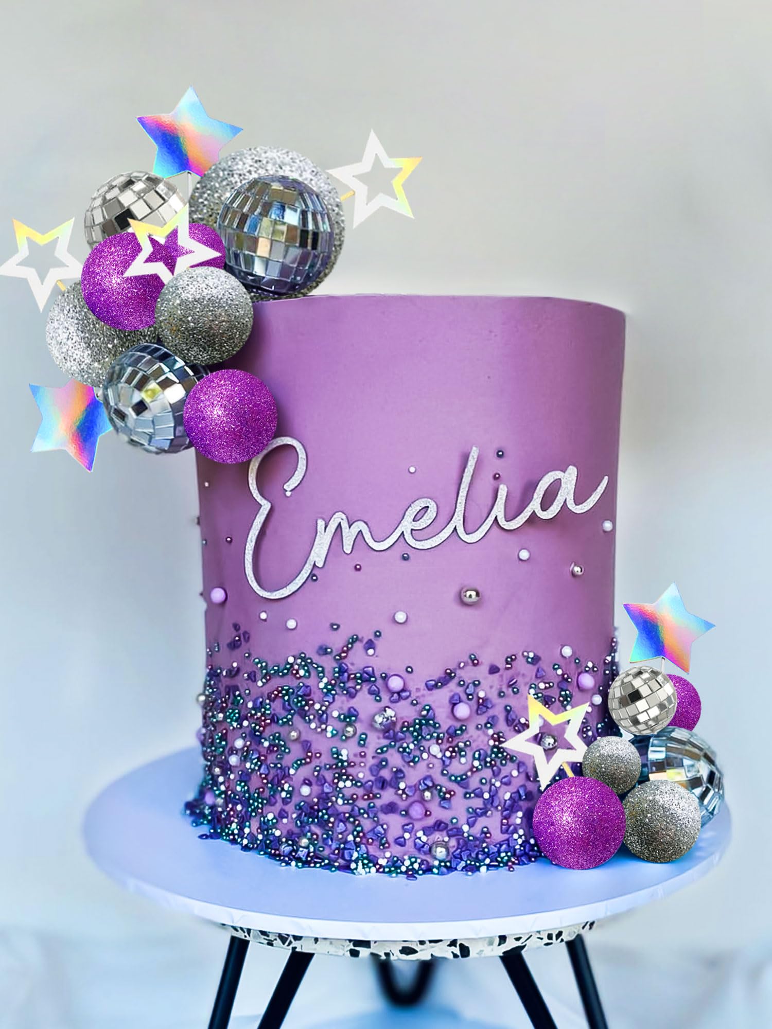 JeVenis Purple Disco Ball Cake Topper - 80s Themed Dancing Queen Birthday Party Decorations - Silver Glitter Cake Balls for Wedding, Bachelorette & Retro Celebrations