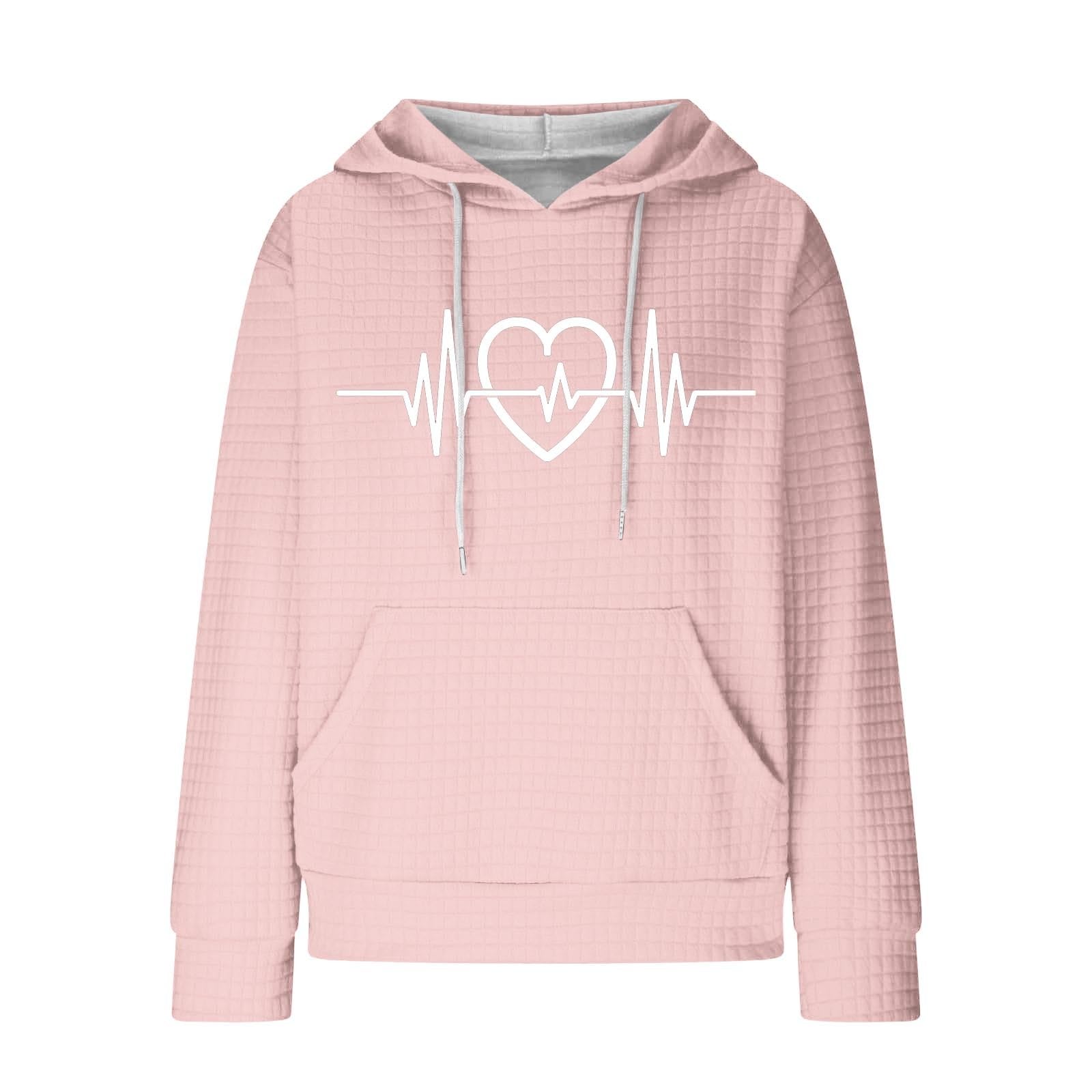 Women's 2024 Fall Casual Waffle Long Sleeve Pullover Sweatshirt with Drawstring Hood & Heart Print Pockets - Cozy Lounge Wear for Autumn Outings and Coffee Dates
