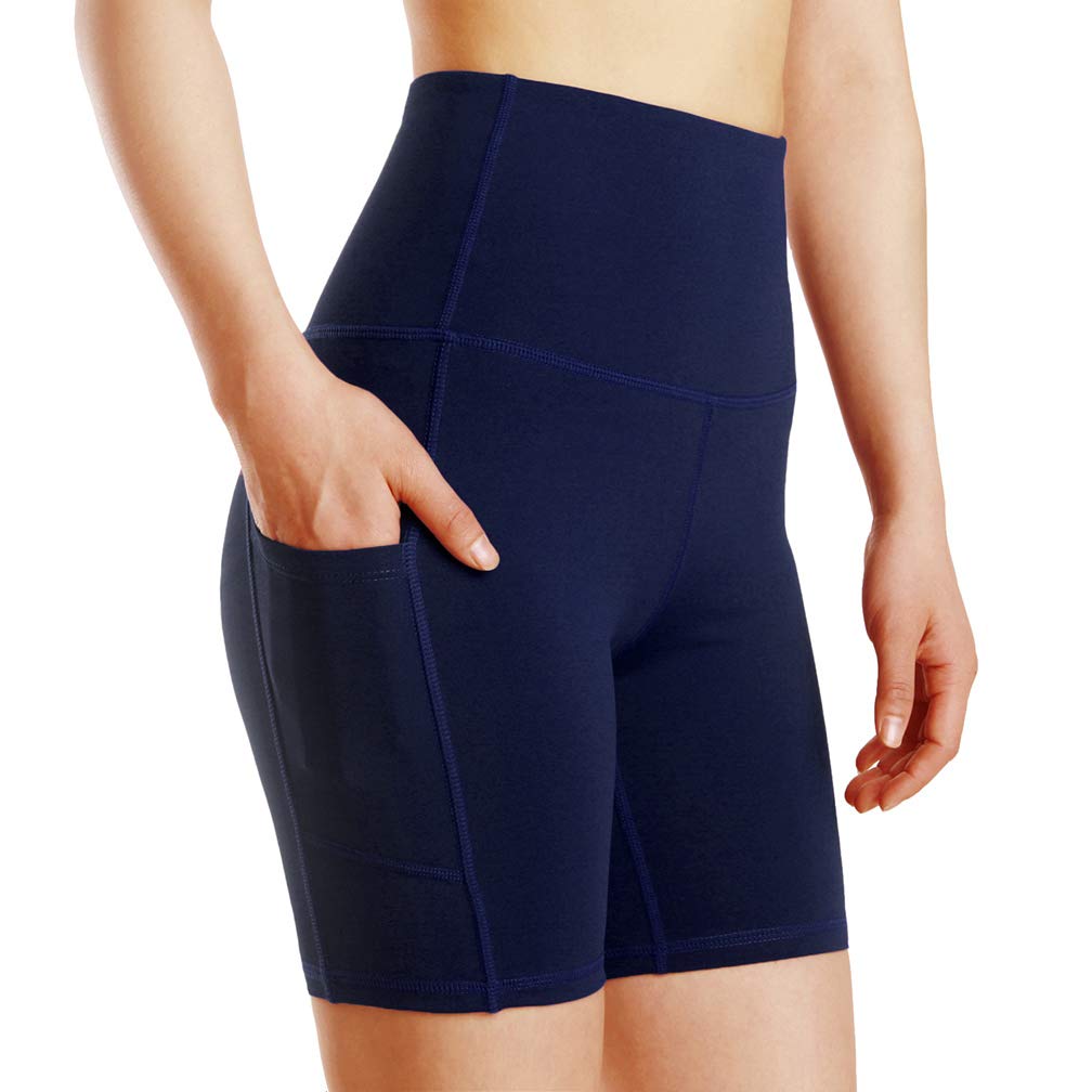 Tesuwel Women's High Waisted Yoga Shorts with Pockets - Stretchy Tummy Control Workout & Running Athletic Shorts for Gym, Yoga, and Outdoor Activities