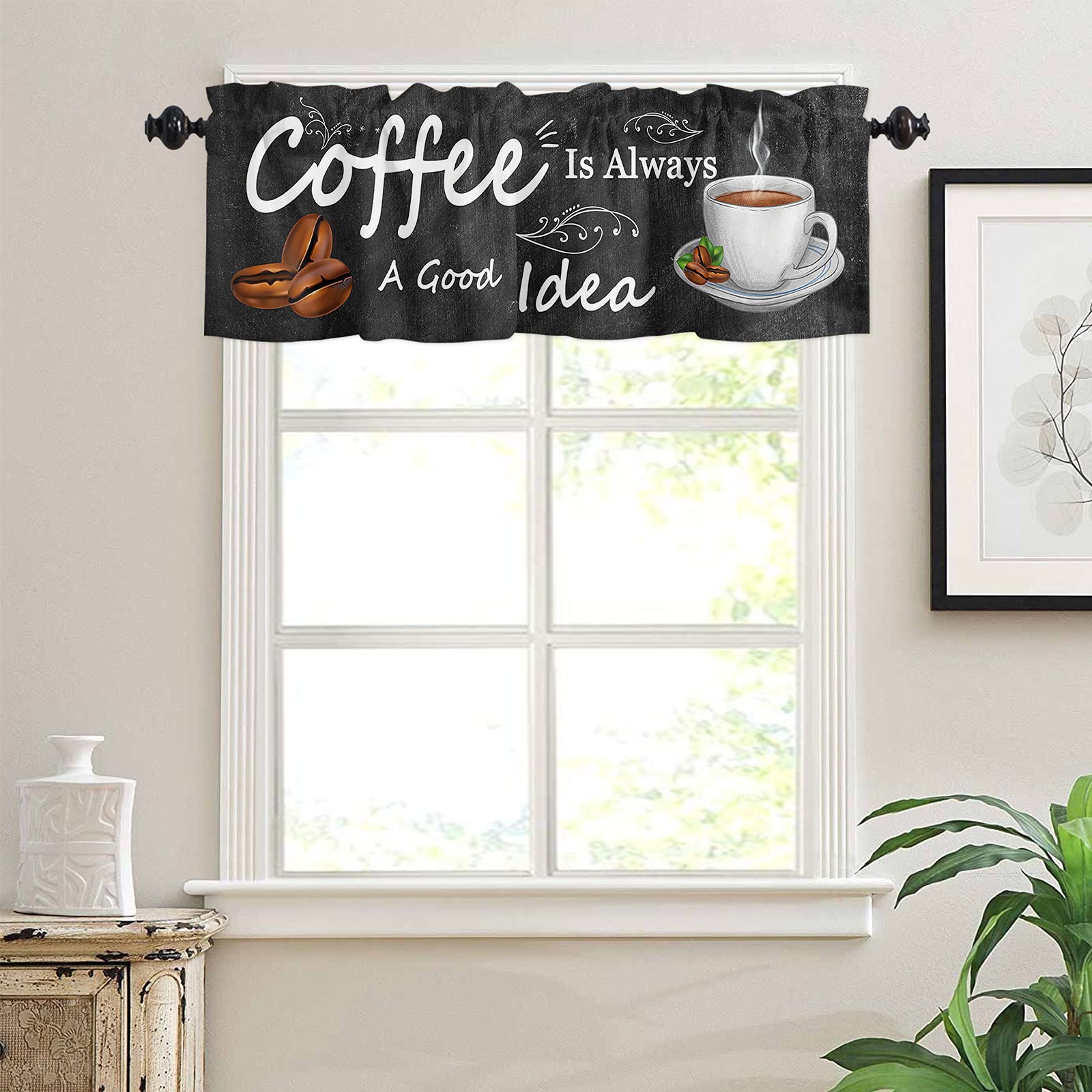 Coffee Themed Farmhouse Style Window Valance Curtain - Rod Pocket Design for Living Room, Kitchen, Bathroom - Soft & Washable Small Window Treatment (1 Panel, 54x18 Inches) - Perfect for Cozy Home Decor and Rustic Interior Design