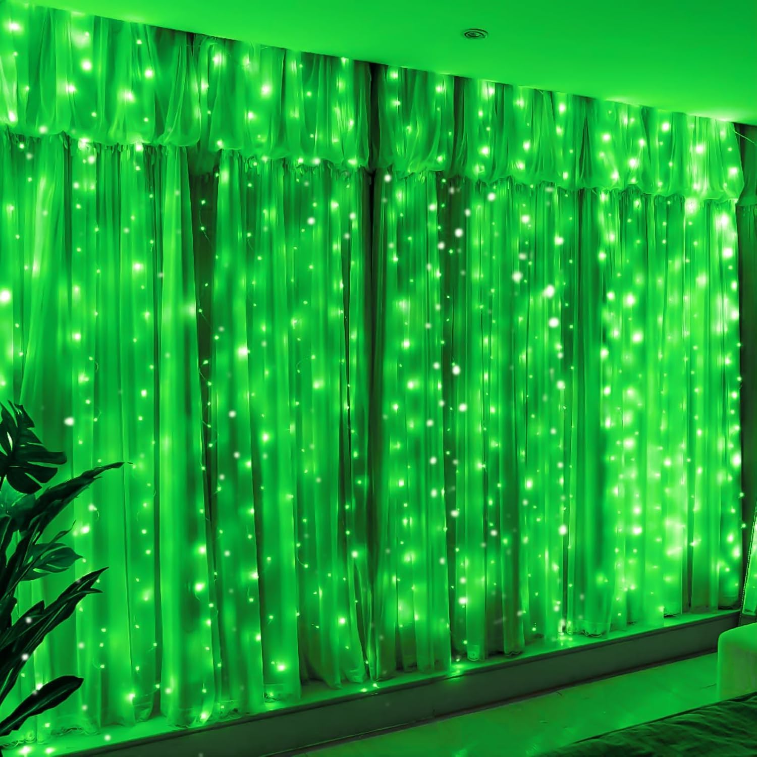HXWEIYE 300LED Green Fairy Curtain Lights with Remote Control - 8 Lighting Modes & Timer Function - 9.8x9.8Ft USB Plug-in String Lights for Bedroom, Outdoor, Wedding, Party, Garden, Wall Decor - Perfect for Christmas Decorations, Romantic Ambiance & Home Lighting