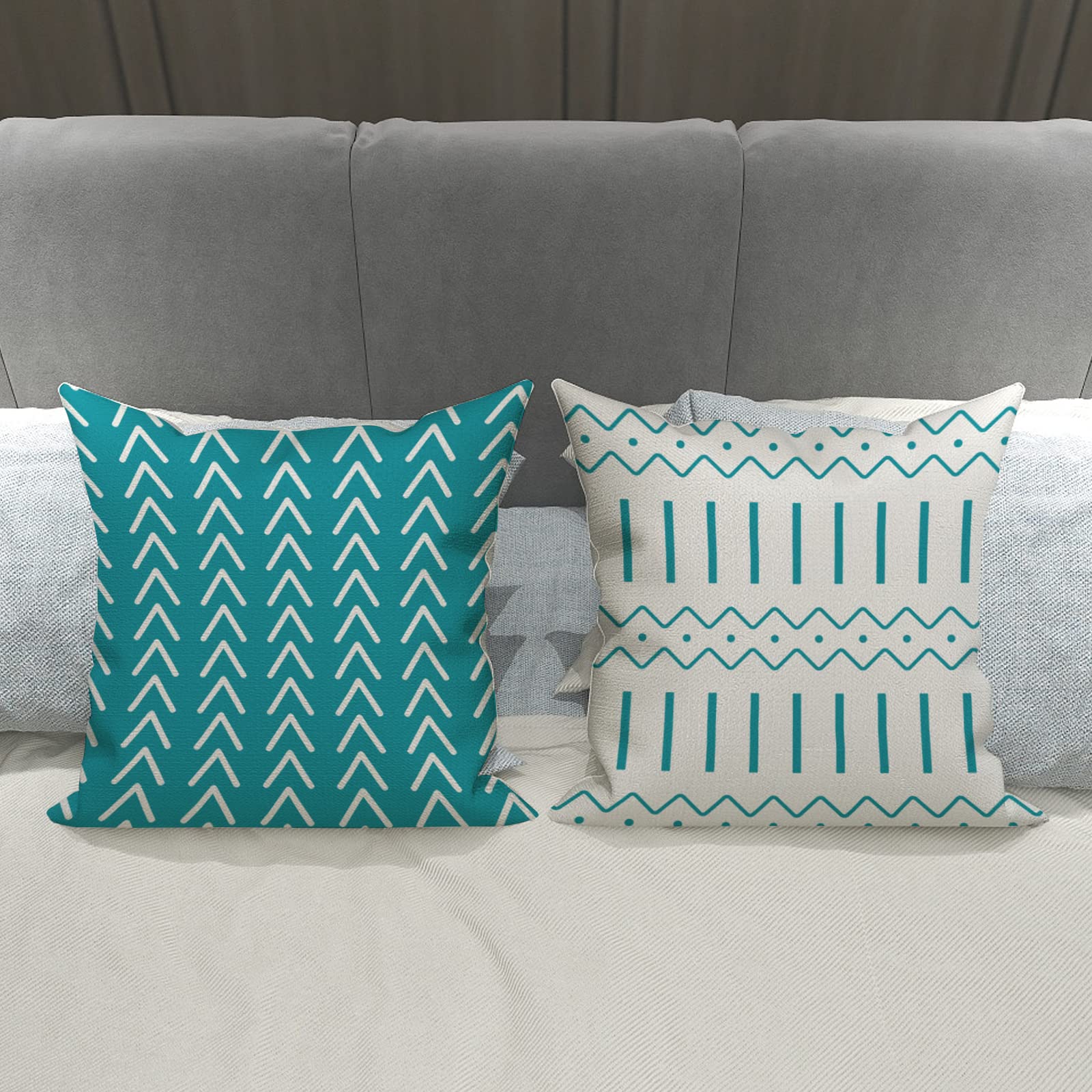 YCOLL 16x16 Inch Pillow Covers Set of 4 - Modern Linen Fabric Throw Pillow Cases for Sofa, Couch, Bed & Car - Decorative Outdoor Home Decor in Aqua Blue - Perfect for Living Room, Patio & Travel
