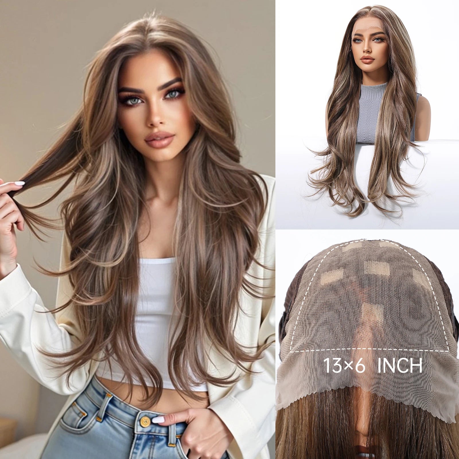 Long Brown Blonde Highlight Synthetic Hair Wig for Women - Natural Looking Straight Shoulder Length Cosplay Costume Party Daily Wear