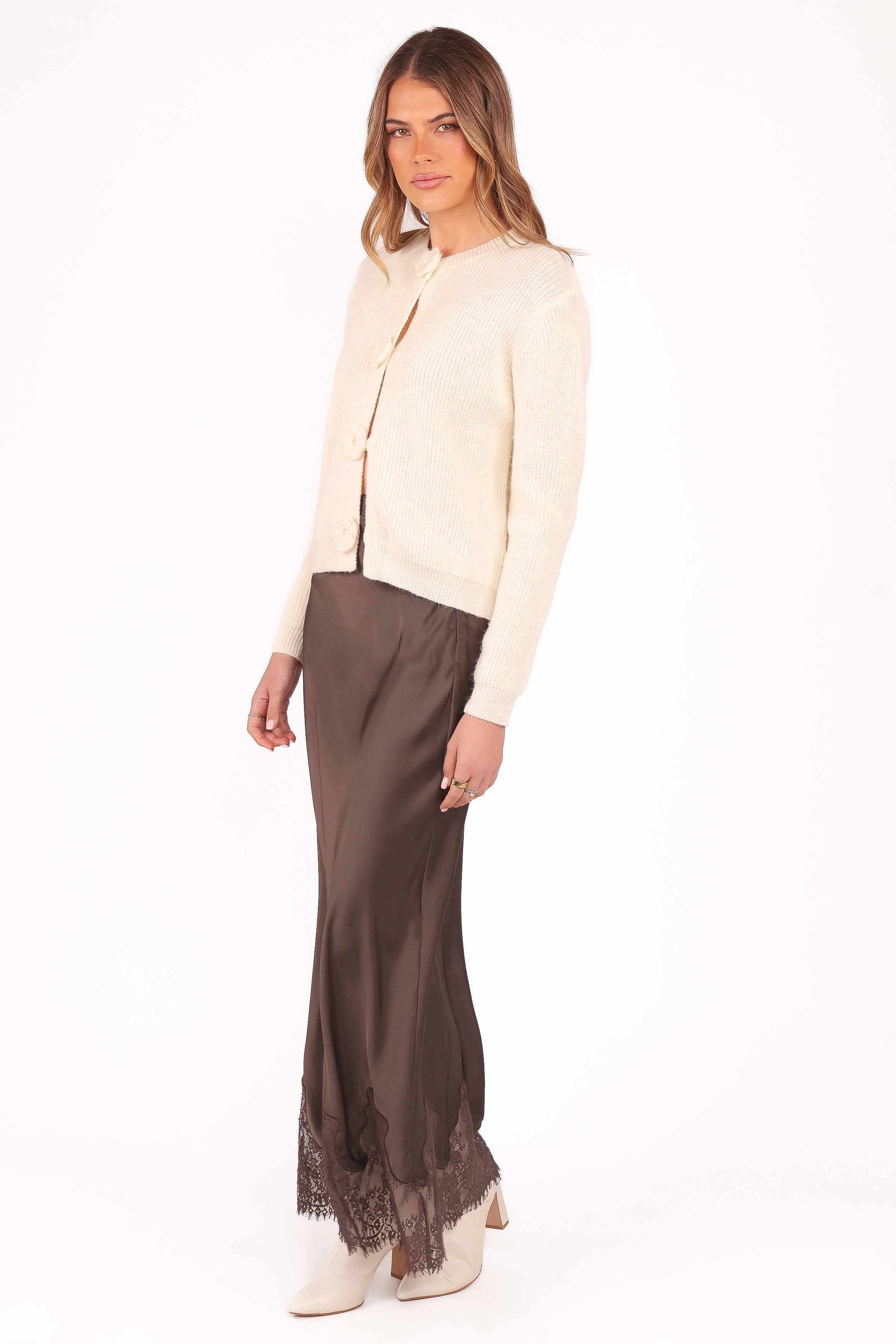 Stylish Alira Lace Trim Midi Skirt in Brown - Perfect for Casual Outings, Date Nights & Summer Fashion