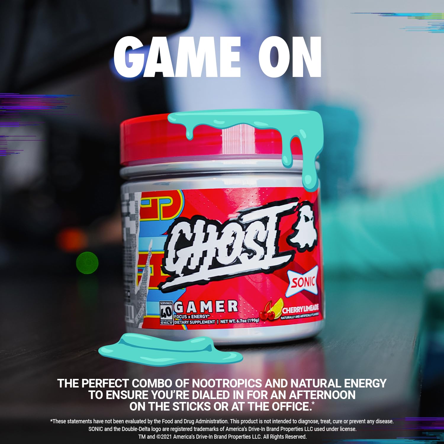 GHOST Gamer Energy Drink Powder - Sonic Cherry Limeade Flavor | 40 Servings of Natural Caffeine & Nootropics for Focus, Accuracy & Reaction Time | Vegan, Gluten-Free Supplement | Perfect for Esports, Gaming Sessions & Work Productivity