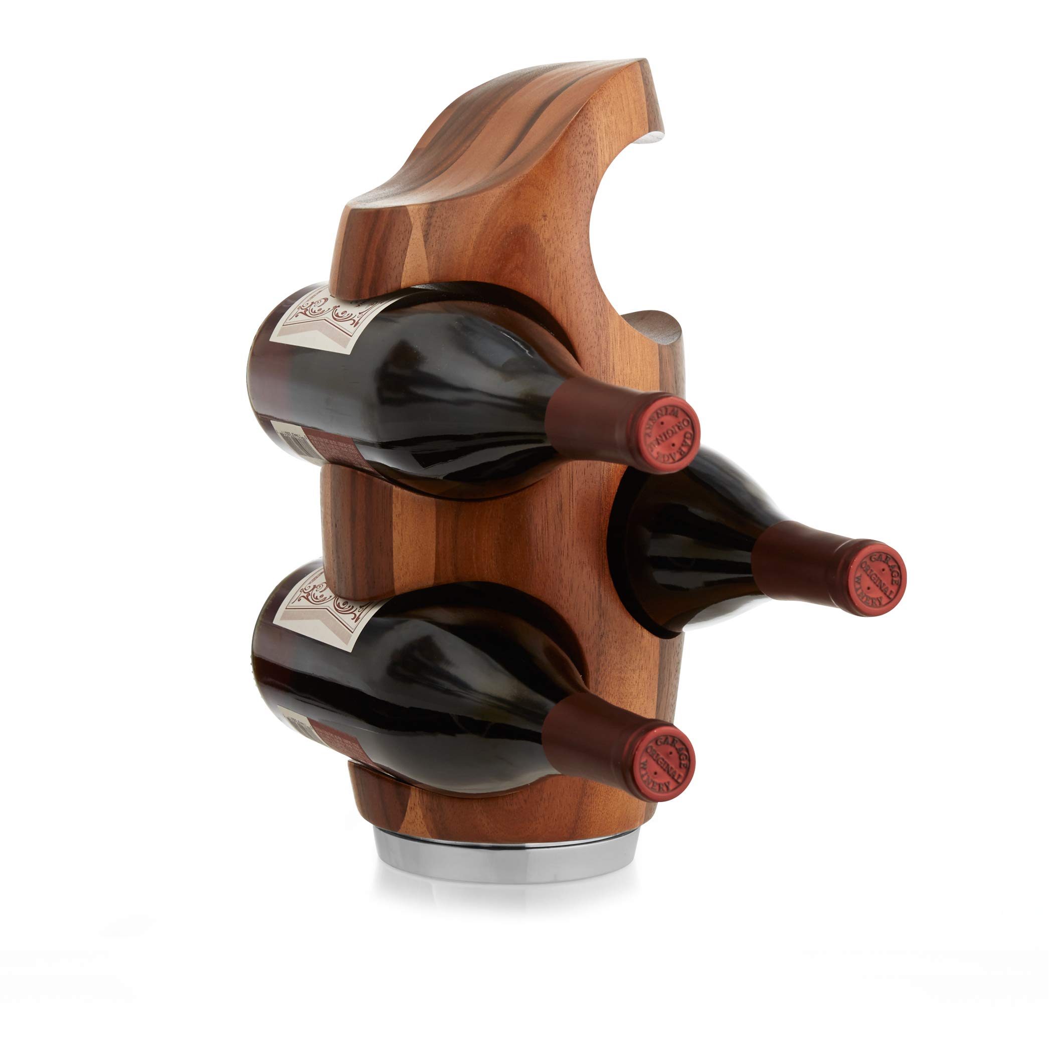 Nambe Vie 4-Bottle Wine Rack - Acacia Wood & Alloy Base - Compact 13 Inch Wine Holder - Elegant Home Decor for Kitchen, Dining Room, Bar or Gift for Wine Lovers