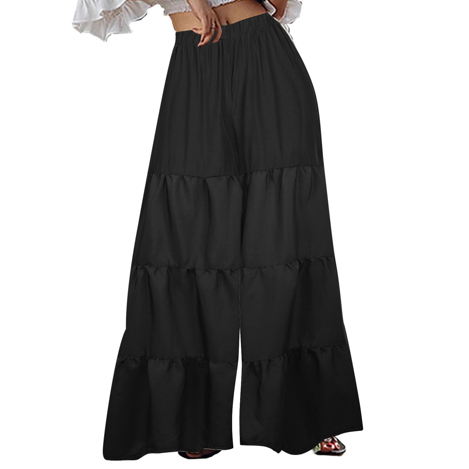 2022 Women's Fashion Casual Pleated Wide Leg Bell Pants - Loose Ruffle Solid Holiday & Home Wear for Everyday Comfort & Style