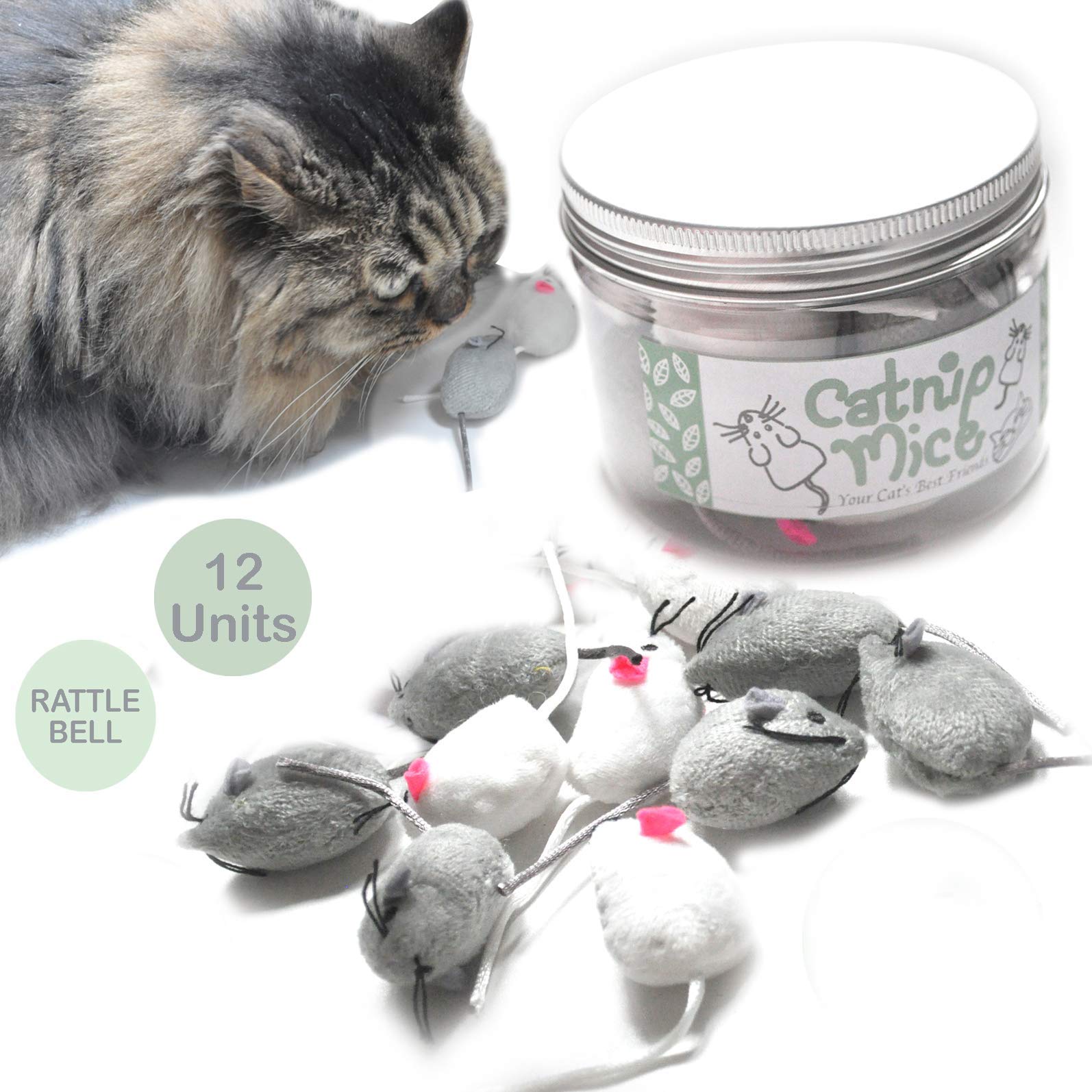 Organic Catnip Mice Toys for Cats with Rattle Bell - Natural Kitty Chew Toys (White & Grey) - Perfect for Playtime, Training & Interactive Fun