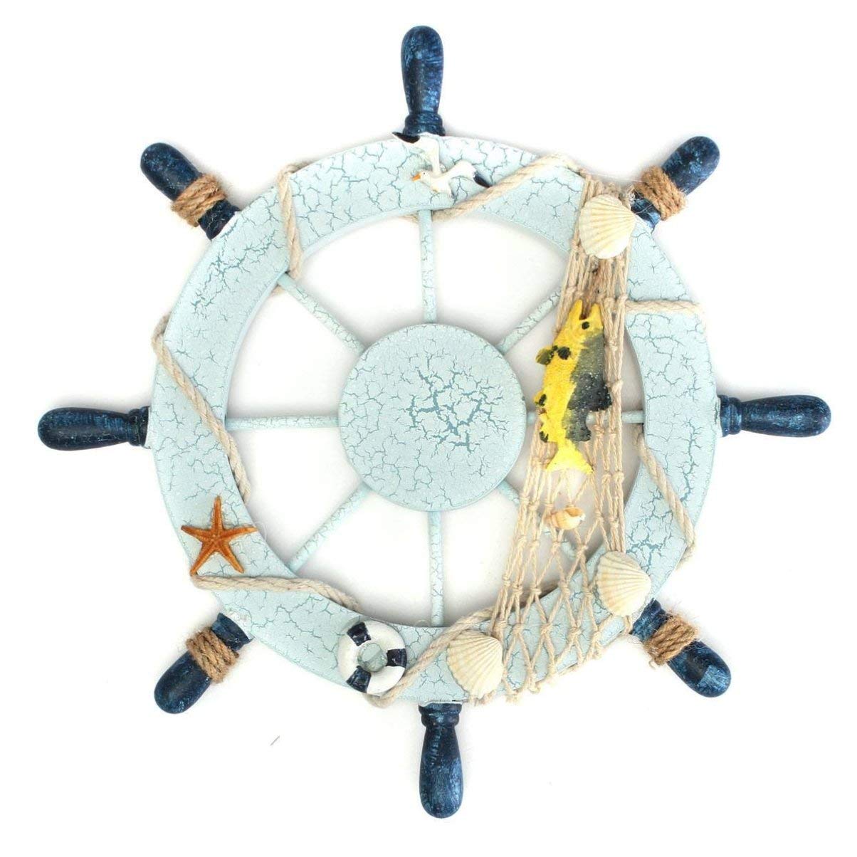 STOBOK Wooden Boat Ship Steering Wheel & Fishing Net Anchor Wall Decor - Nautical Beach Theme for Mediterranean Home, Restaurant, Bar - Perfect for Coastal, Sea-Themed Room & Outdoor Beach House Decoration