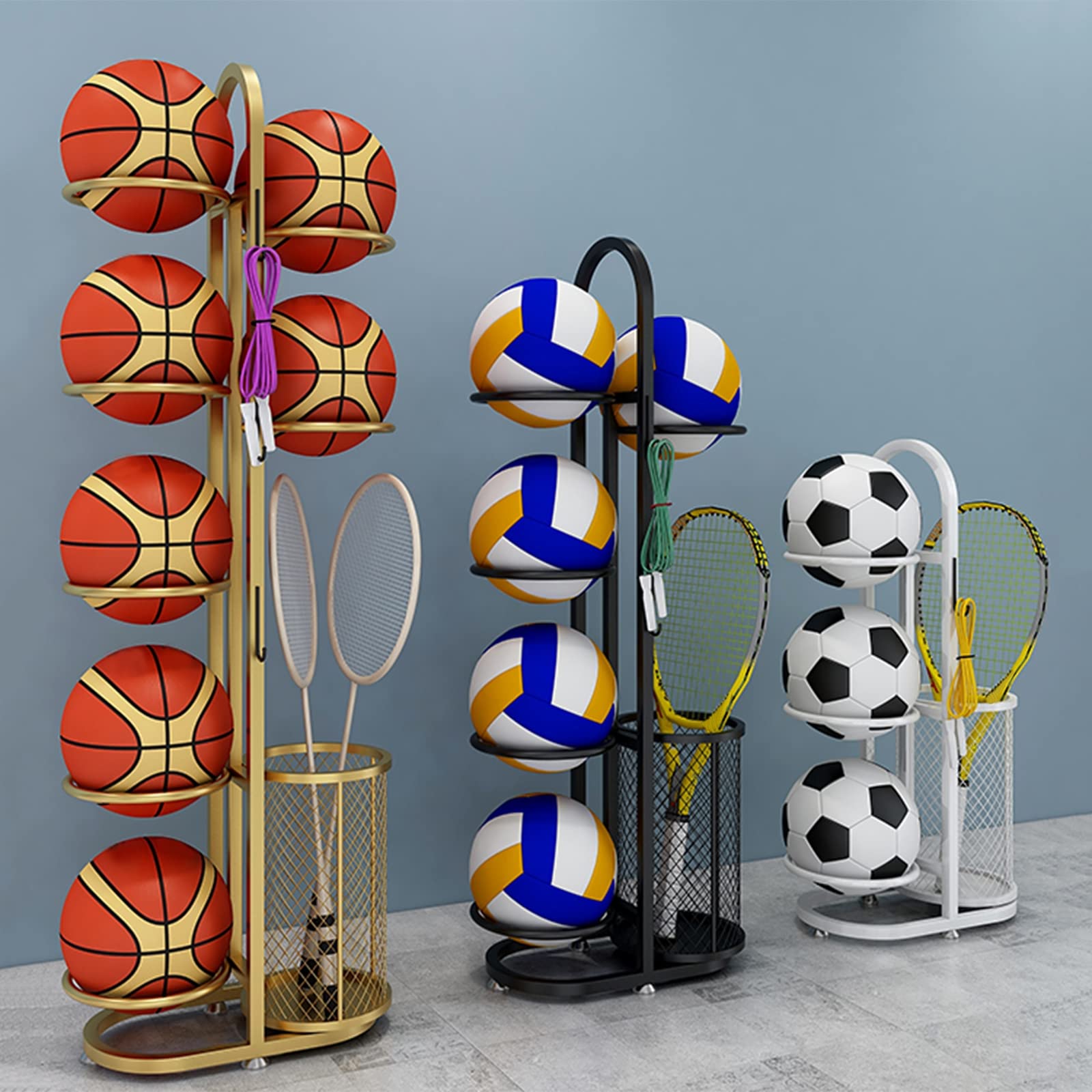JHSLXD Multi-Sport Storage Rack - Metal Iron Basketball, Football, Volleyball & Racket Organizer | Gold Sporting Goods Display Stand for Gym, Home & School Use