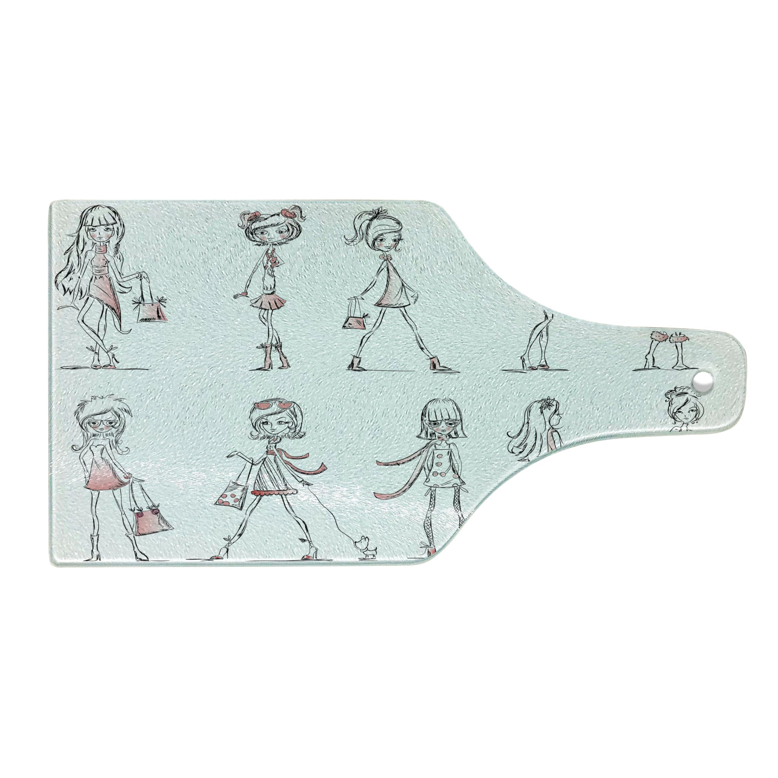 Ambesonne Fashion Cutting Board - Cartoon Girls with High Heel Shoes Glamour Design, Tempered Glass Serving Board for Kitchen & Dining, Wine Bottle Shape in White & Pink | Perfect for Cheese Platters, Charcuterie, and Party Entertaining